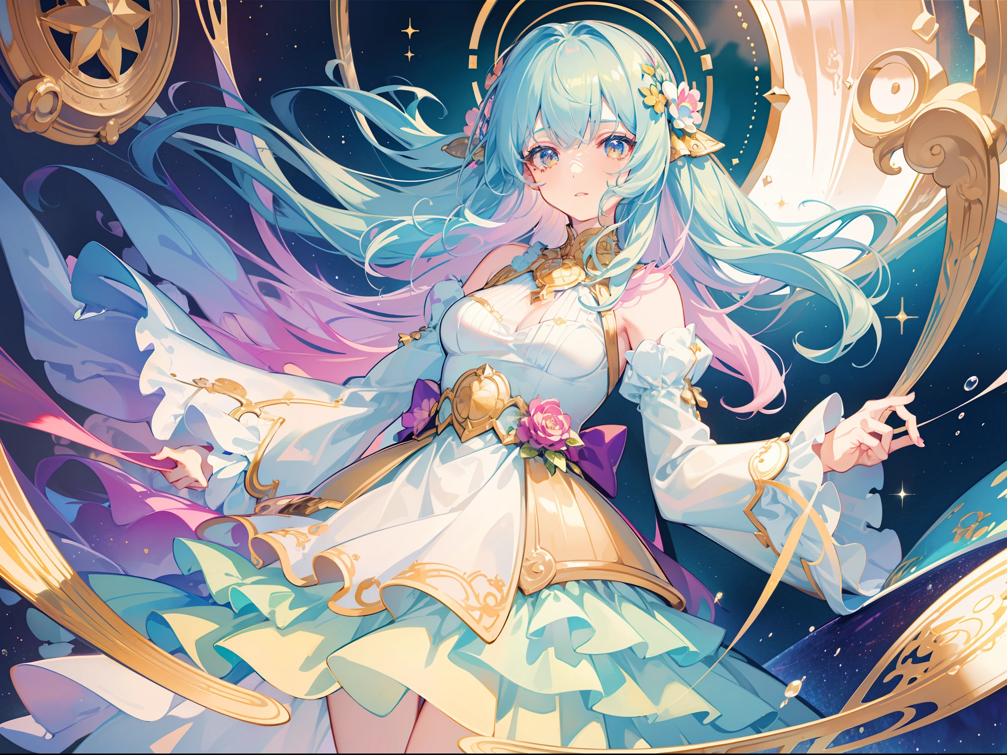 masterpiece, best quality, 8k resolution, sharp focus, intricate detail, beautiful girl, sparkling eyes, golden ratio face, otherworldly liquid, watercolor, pastel colors, bright colors, whimsical, colorful, sharp focus, high resolution, fine detail, ((layered tiered puffy long sleeves ballgown)), ((round eyes)), iridescent bubbles, fantasia background