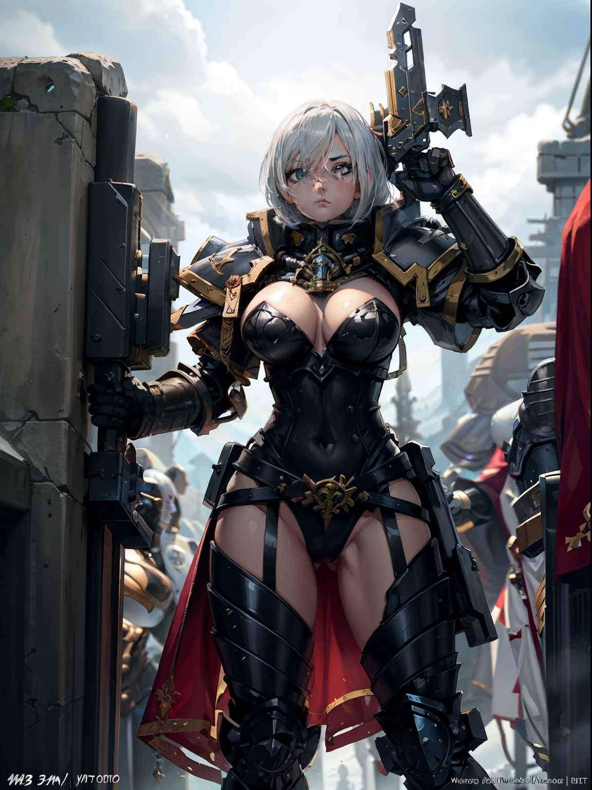 Close-up of a woman dressed in black and white, Armor Girl, biomechanical oppai, glossy white armor, bikini armor, bikini armor, Anime goddess, pvc armor, fus rei, Female action anime girl, gynoid body, cushart krentz, oppai, bikini armor, Anime girl, Shiny plate armor,fantasy paladin woman, warhammer 4 0 k fantasy, picture of female paladin, Warhammer fantasy art, warhammer 4 0 k artwork,warhammer 4 0 k artwork, 2b, High quality digital concept art, wh 4 0 k art, warhammer 4 0 k fantasy, warhammer 40k style, WH40K, w 4 0 k, warhammer art