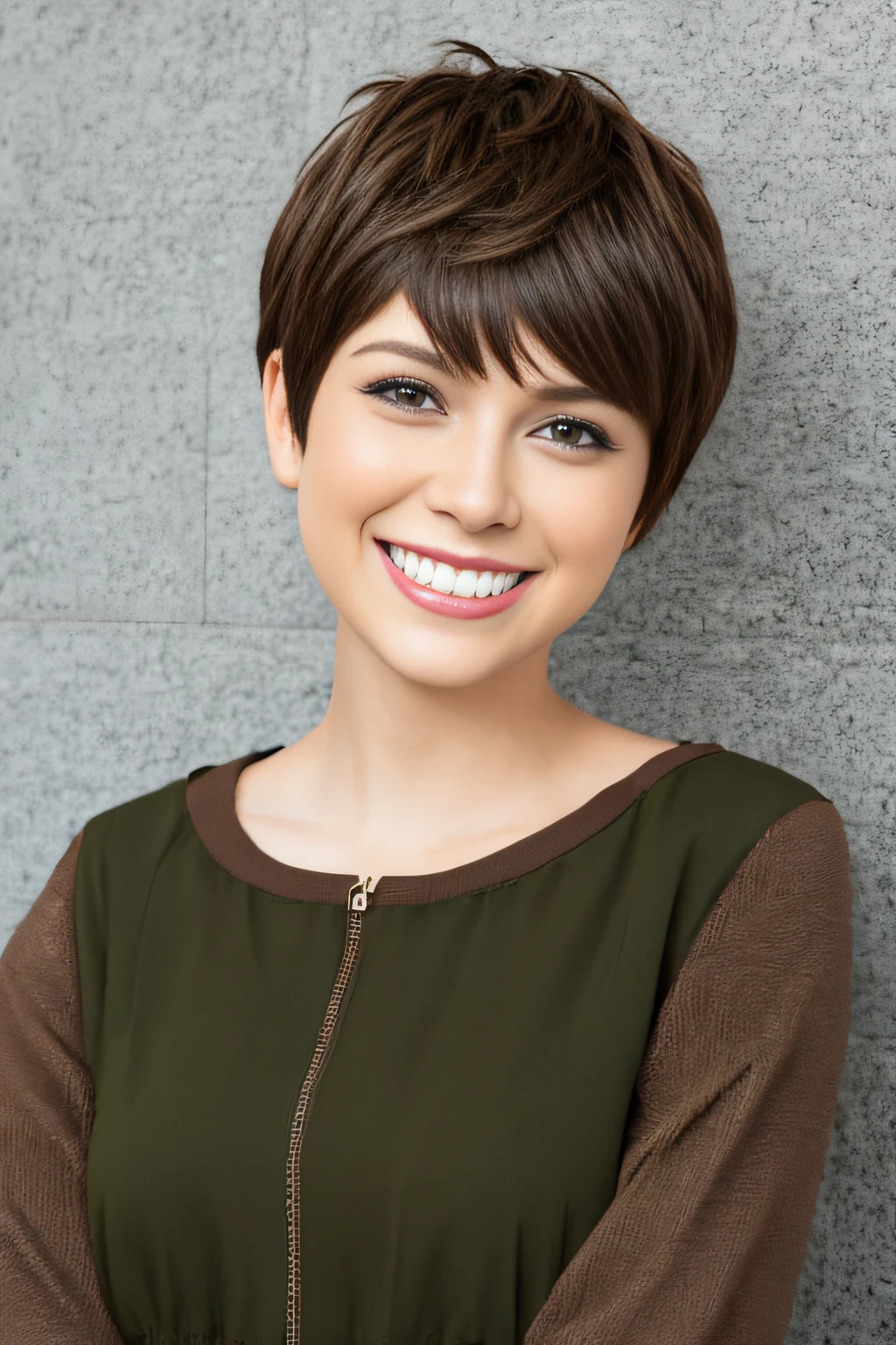 a pixie cut A big smile Brown hair