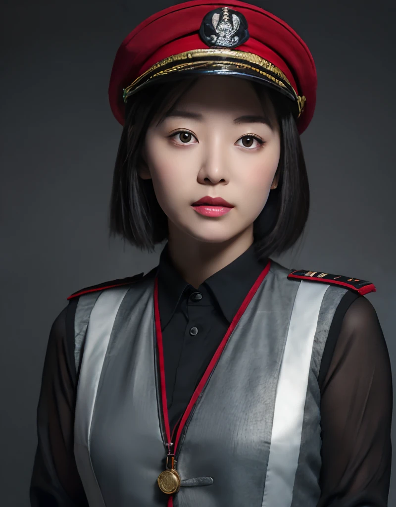 Asian pilot in 20s, black bob, red hat, gray uniform, sheer black tights, lane corridor background, huge size, detailed face. (8K, Best Quality: 1.2), (Masterpiece, Photorealistic: 1.3), Super Detail, anatomically correct