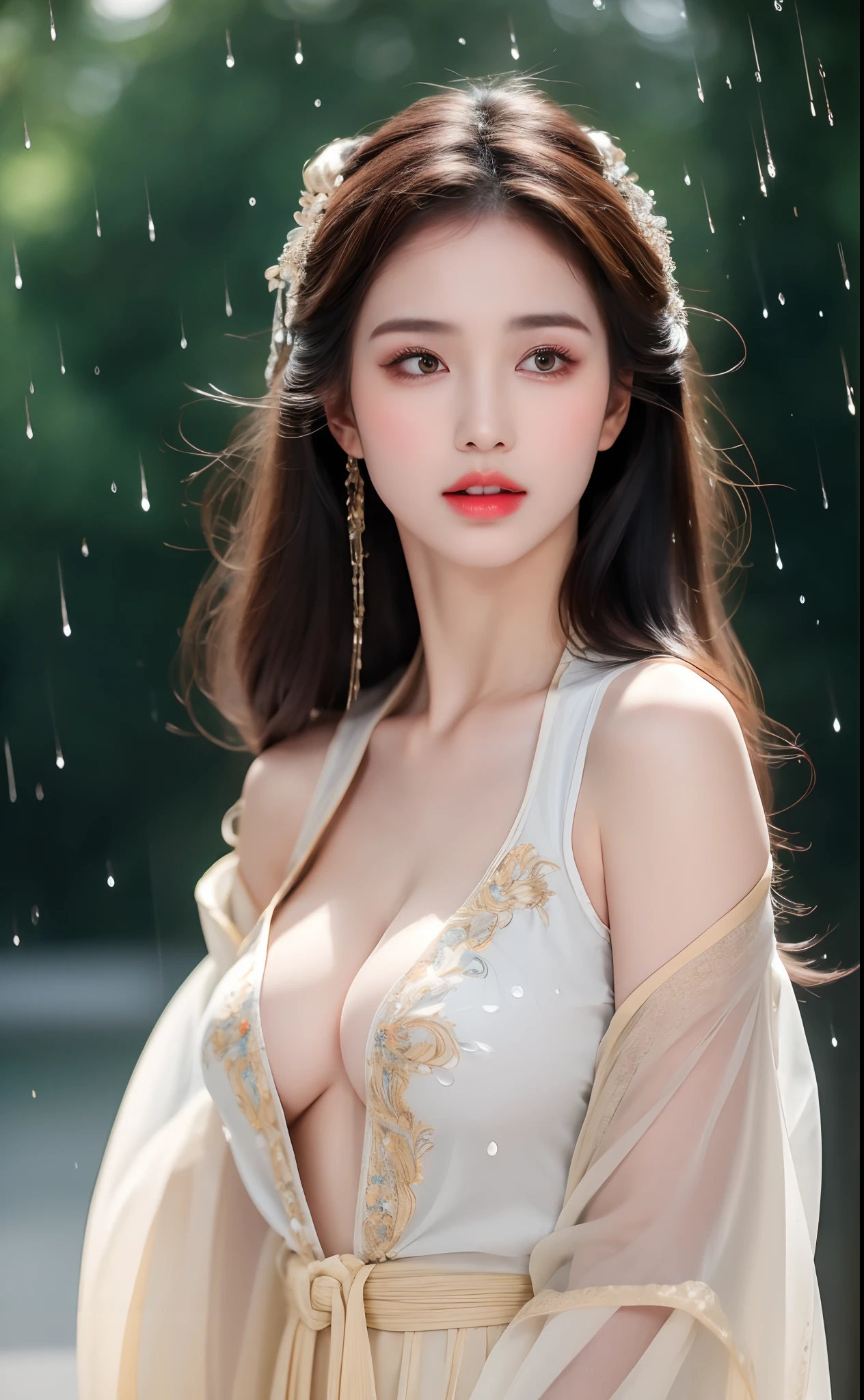 ((Best Quality, 8k, Masterpiece: 1.3)), Focus: 1.2, Perfect Body Beauty: 1.4, Buttocks: 1.2, ((Layered Haircut)), (Wet Clothes: 1.1), (Rain, Street:1.3), (Breasts: 1.2), (Hanfu: 1.2), Bare Shoulders, Bare Legs, Highly Detailed Face and Skin Texture, Fine Eyes, Double Eyelids, Whitened Skin, Long Hair, (Shut Up: 1.5), (Bokeh Background: 1.5), Big Breasts