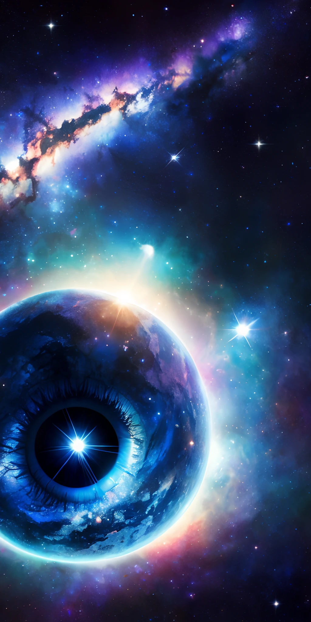 galaxy in the eye, ultra detalhado, clear, olhos brilantes, olhando para o cosmo, uhd, 8k, Ultra resolution, Magic eyes, estrelas nos olhos, astros