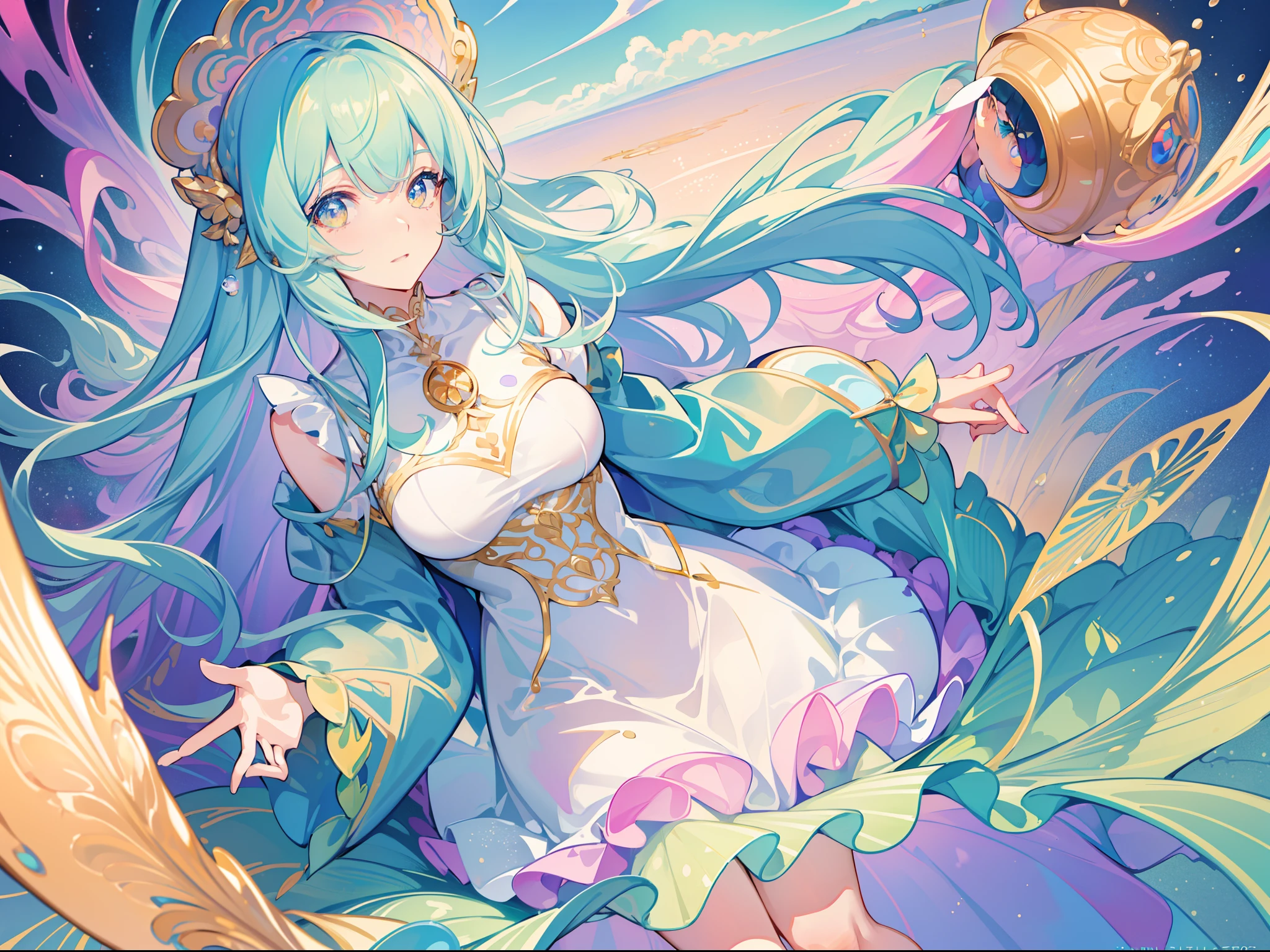 masterpiece, best quality, 8k resolution, sharp focus, intricate detail, beautiful girl, sparkling eyes, golden ratio face, otherworldly liquid, watercolor, pastel colors, bright colors, whimsical, colorful, sharp focus, high resolution, fine detail, ((layered tiered puffy long sleeves ballgown)), ((round eyes)), iridescent bubbles, fantasia background