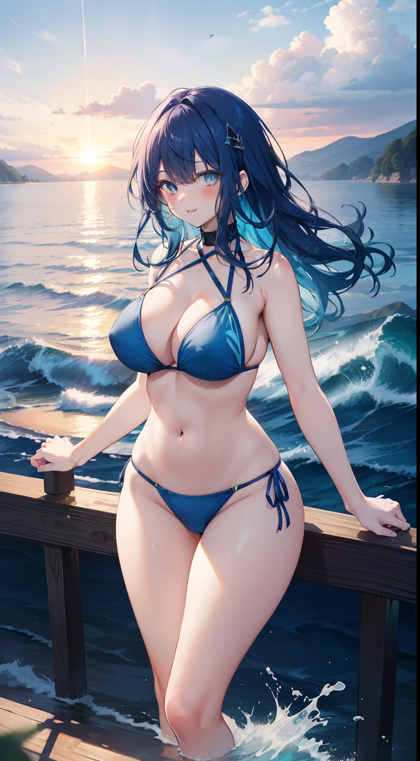 Full size adult woman, big blue hair color, full height, light eyes, smiling, mouth, lips, wearing transparent, hand holding handrail, ahageo-shaped grimace, ((sexy bikini)), perfect belly, thin waist , big chest, white skin color, thick legs, thick thighs, bangs, side locks, mountain, yellow leaves of trees, background scenery, on water, sunset, ocean, waves on water, ultra detailed water, lighting sole , beautiful afternoon, clouds, wind in the hair, leaves flying, details in the environment, more vivid colors, saturated effect