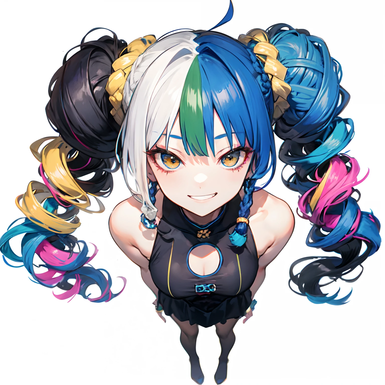 from above,face,solo,(dreadlocks:1.4),(drill hair,afro,ponytail,two side up,hime cut,twintails,braid,hair bun:0.9),(wavy multicolor hair:1.2),(smokeanywhere:1.4),smirk,piercing