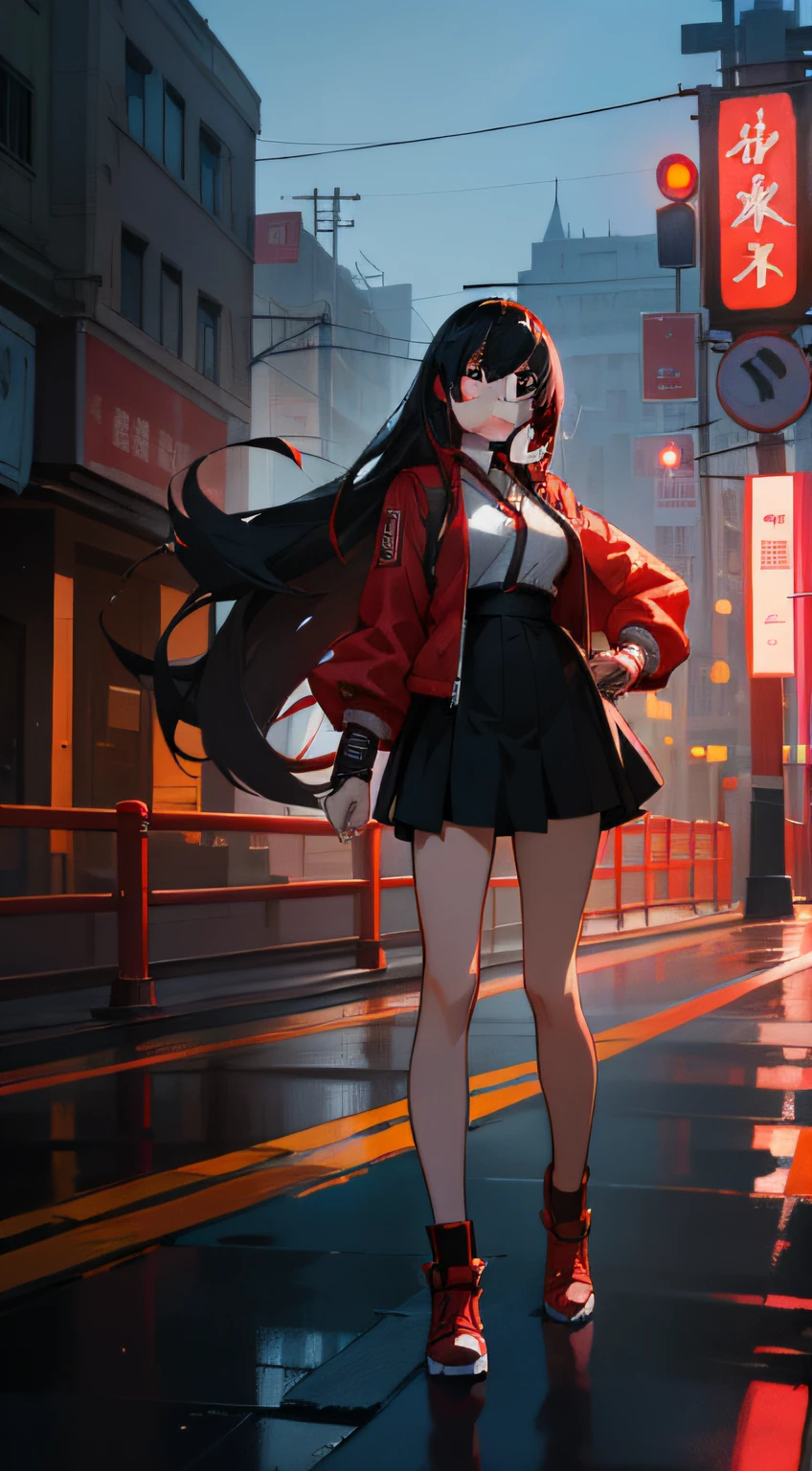 Anime girl in red jacket standing on street at night,Digital anime illustration,Portrait of Tifa Lockhart, style of anime4 K, A girl in Hanfu, Guviz-style artwork, full-body xianxia, Official artwork,Soulful gaze,Masterpiece, Best quality, enchanted