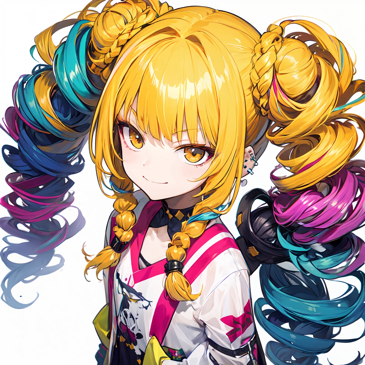 from above,face,solo,(dreadlocks:1.4),(drill hair,afro,ponytail,two side up,hime cut,twintails,braid,hair bun:0.9),(wavy multicolor hair:1.2),(smokeanywhere:1.4),smirk,piercing