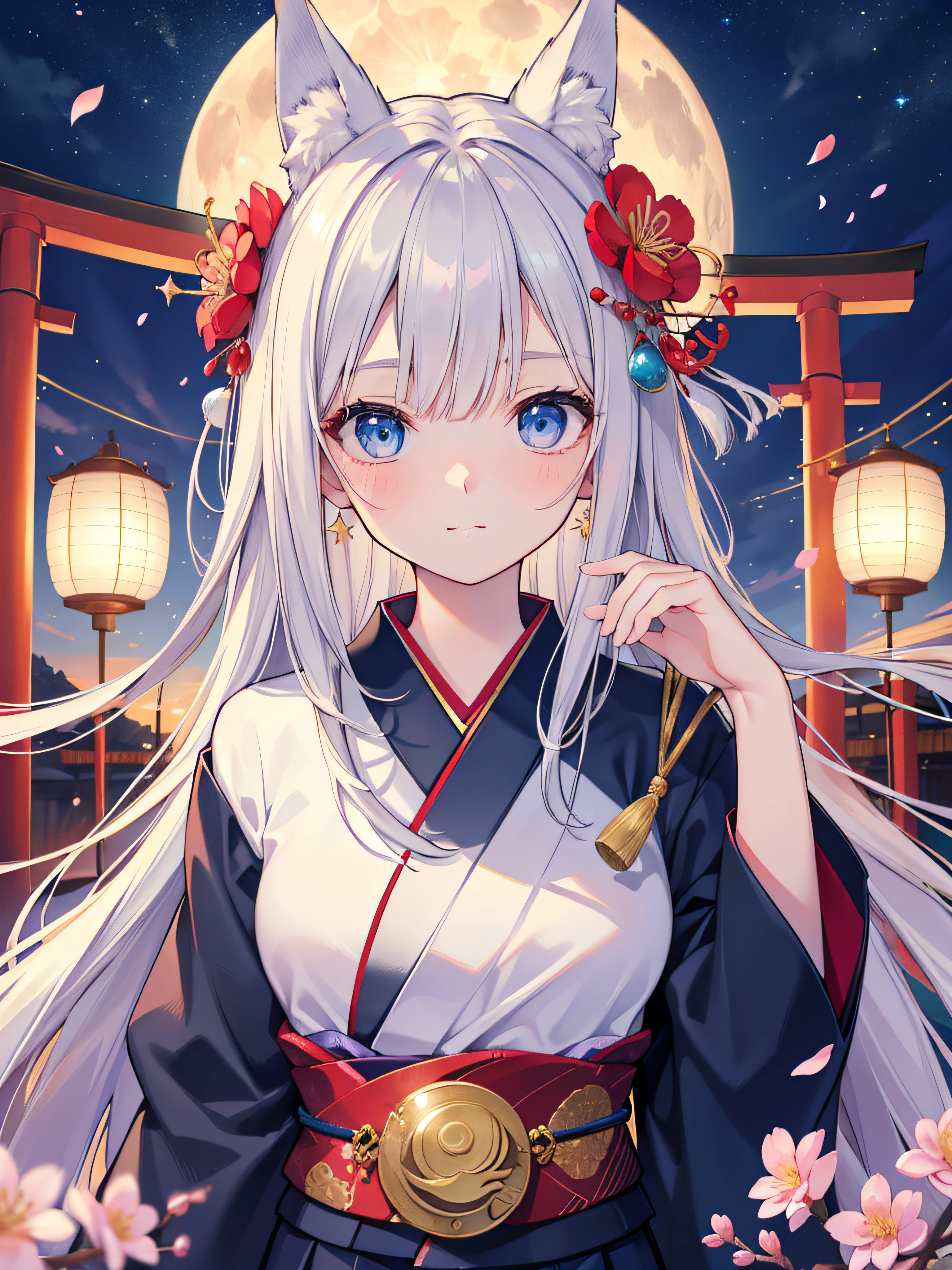 (absurdres, highres, ultra detailed), close-up of face, emphasis on face, focus on face, one woman, mature woman, aged, long straight hair, shiny beautiful hair, blue eyes, bangs, long sleeves, finely drawn eyes and detailed face, eye highlights, hands without breaks, rich Lighting, Highly detailed CG unified 8K wallpaper, Intricate details, Portrait, Gazing, Solo, Half shot, Fine drawn face, Soft smile, Dynamic pose, Classical period, (Ancient Japanese themed: 1.1), Japanese mythology, Fox ears, Japanese, ruler, Blue kimono Japanese, floral kimono, ancient theme, (Prosperous Civilization: 1.1), moon in background, (Immaculate: 1.1) shrine, torii gate, Japanese landscape, ancient city in background, fox mask, fantastic, dreamy, romantic, dancing lights, lantern, austere, night, darkness, stars, portrait, cinematic lighting, flower hair ornament, dating, Cherry blossoms