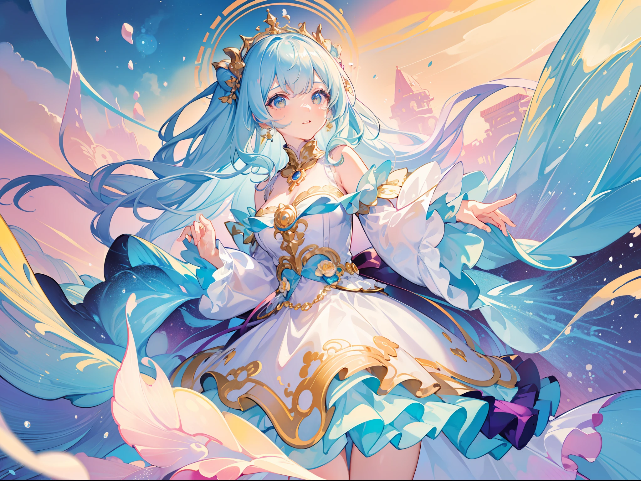 masterpiece, best quality, 8k resolution, sharp focus, intricate detail, beautiful girl, sparkling eyes, golden ratio face, otherworldly liquid, watercolor, pastel colors, bright colors, whimsical, colorful, sharp focus, high resolution, fine detail, ((layered tiered puffy long sleeves ballgown)), ((round eyes)), iridescent bubbles, fantasia background