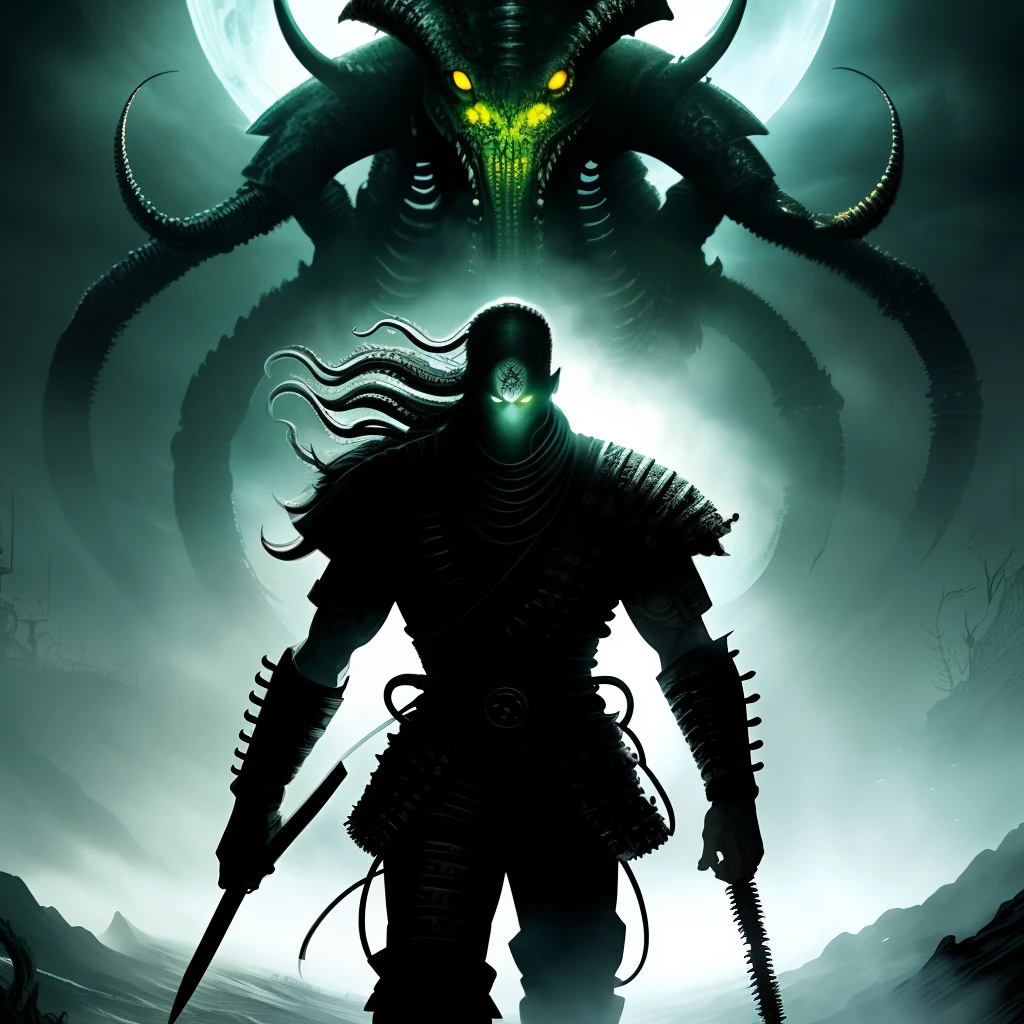 cyborg Brazilian samurai cowboy walking up to a lovecraftian horror without an ounce of fear for the fight to come, style in The Art of Lovecraft's Cthulhu Mythos