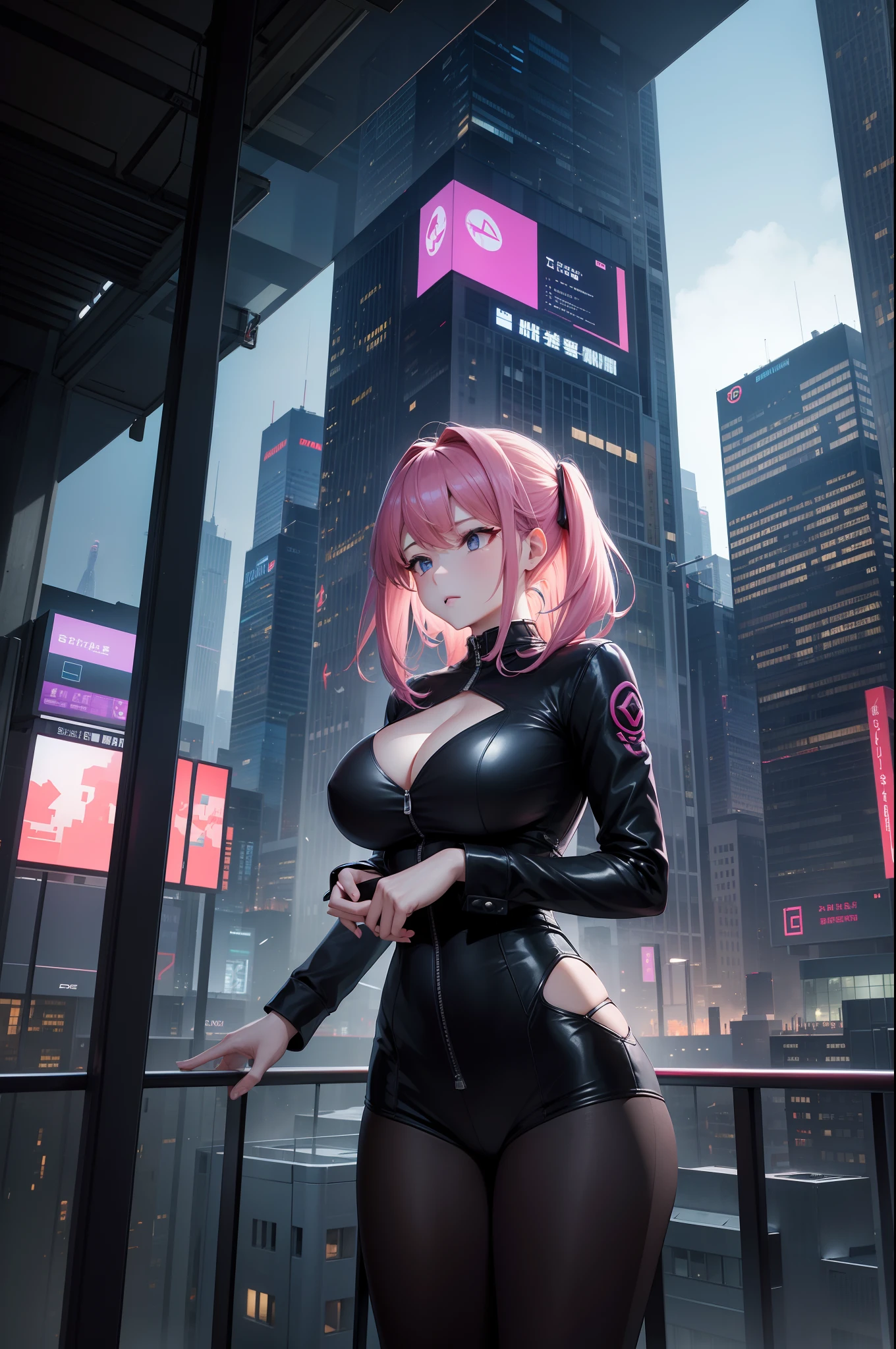 styled：concept-art。Scenes：Futuristic cityscape，Towering skyscrapers and stylish aerodynamic vehicles zip through the air。The high-resolution OLED GUI interface on the building's windows is filled with transparent data visualization infographics，Everything from weather patterns to traffic flow is shown。The colors are saturated and vibrant，Warm pinks and purples dominate the skyline。The overall effect is both beautiful and awe-inspiring，An amazing woman，Has an extremely elegant body、Huge and deep chest