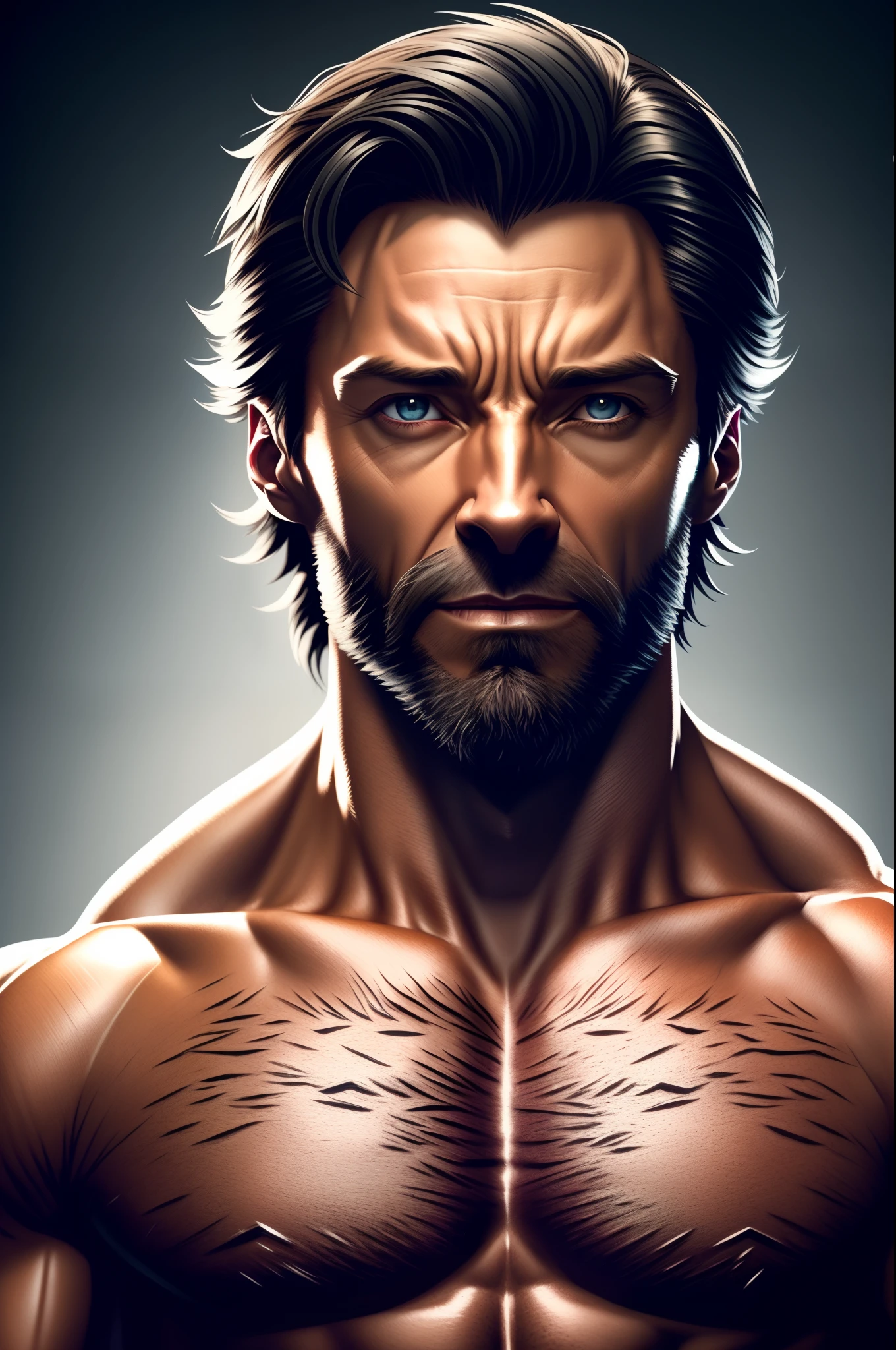 Hugh Jackman as werewolf, vhs effect, serene pretty face, full body portrait, black shirt, standard body, white skin (skin texture:1.2), intricate detail, fine detail, super detail detail, ray tracing, subsurface scattering, diffuse soft light, shallow depth of field, by (Oliver Wetter)