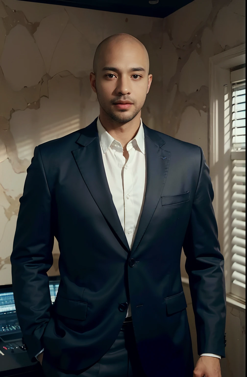 (ultra realistic), (male) (high resolution), (8k), (very detailed), (best illustration), (best lighting quality), (ultra detailed), (masterpiece), (wallpaper) , (mysterious gaze), (slight smile) (neutral facial expression), Bald black male, 35 years old, standing, cinematic lighting, Top man, standing, looking at viewer from the front, front pose in recording studio Anchor style news, wearing elegant casual suit