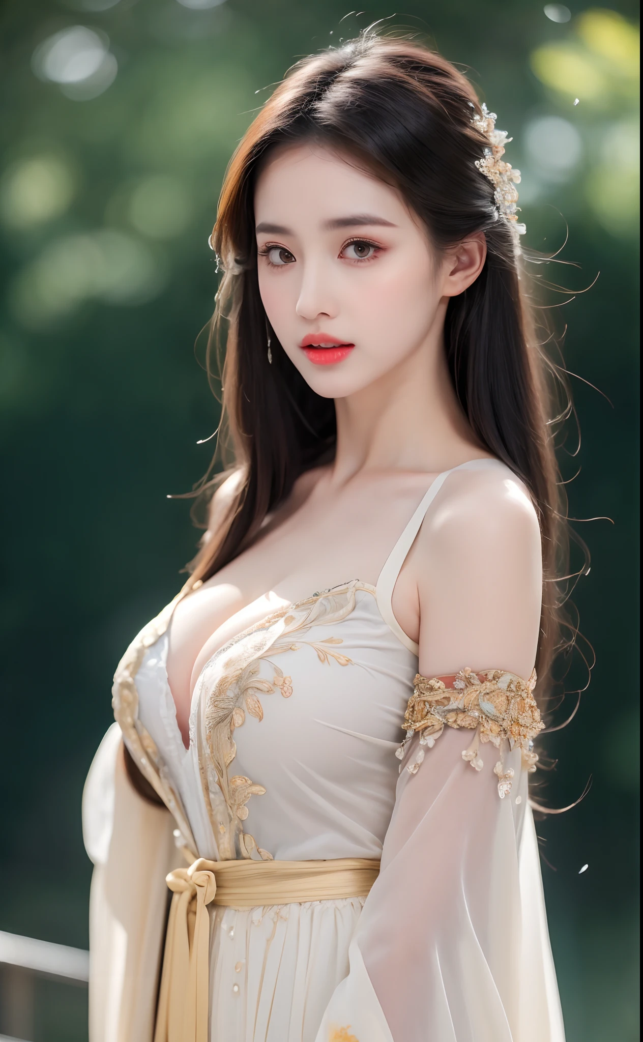 ((Best Quality, 8k, Masterpiece: 1.3)), Focus: 1.2, Perfect Body Beauty: 1.4, Buttocks: 1.2, ((Layered Haircut)), (Wet Clothes: 1.1), (Rain, Street:1.3), (Breasts: 1.2), (Hanfu: 1.2), Bare Shoulders, Bare Legs, Highly Detailed Face and Skin Texture, Fine Eyes, Double Eyelids, Whitened Skin, Long Hair, (Shut Up: 1.5), (Bokeh Background: 1.5), Big Breasts