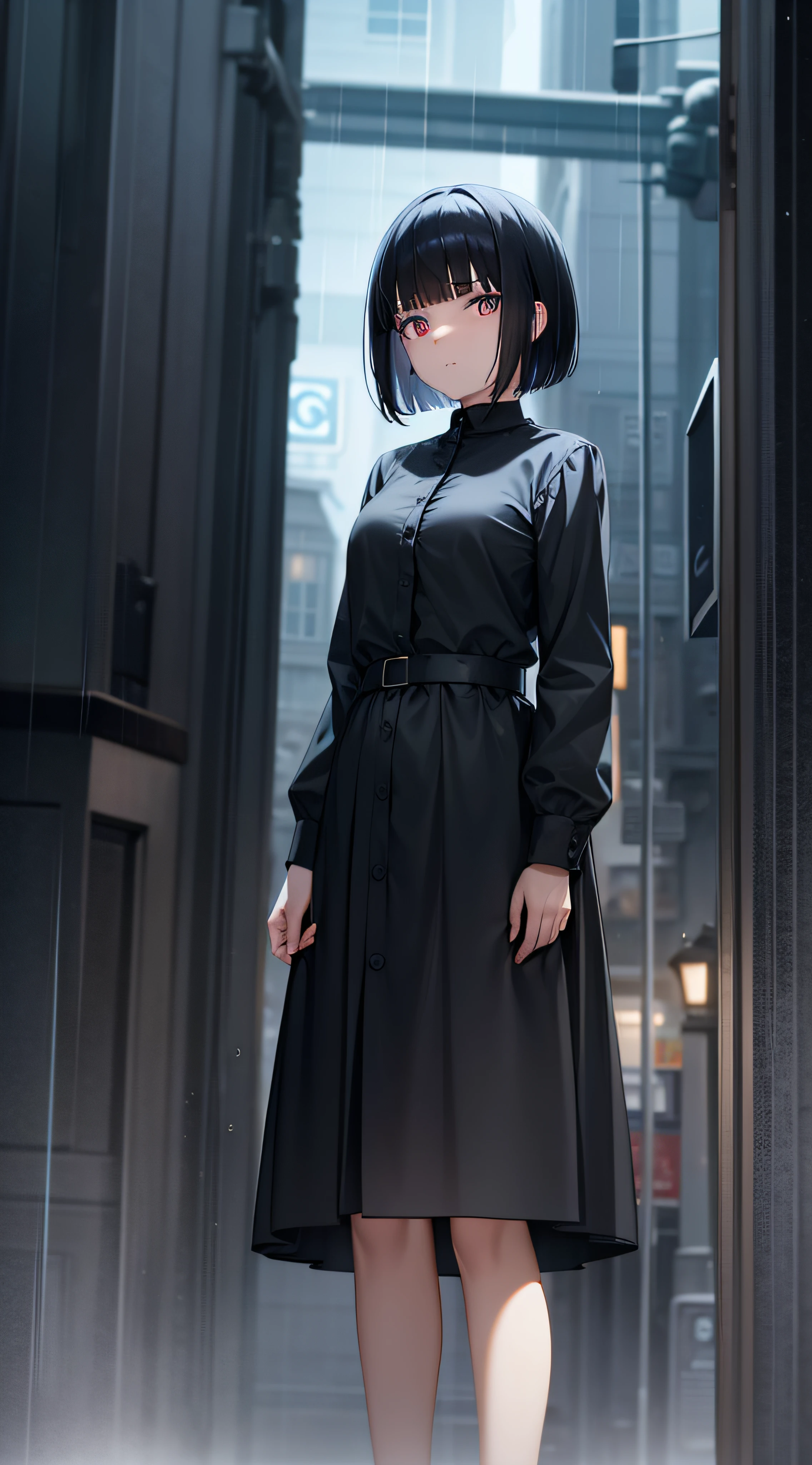 Woman in black standing in the street, On rainy nights, dim murky lights, Blue left eye, Red right eye, black hair, blunt bangs, short hair, Futurism, cinematic lighting, from below, UHD, masterpiece, ccurate, textured skin, super detail, high details, high quality, award winning, best quality, highres, 8k