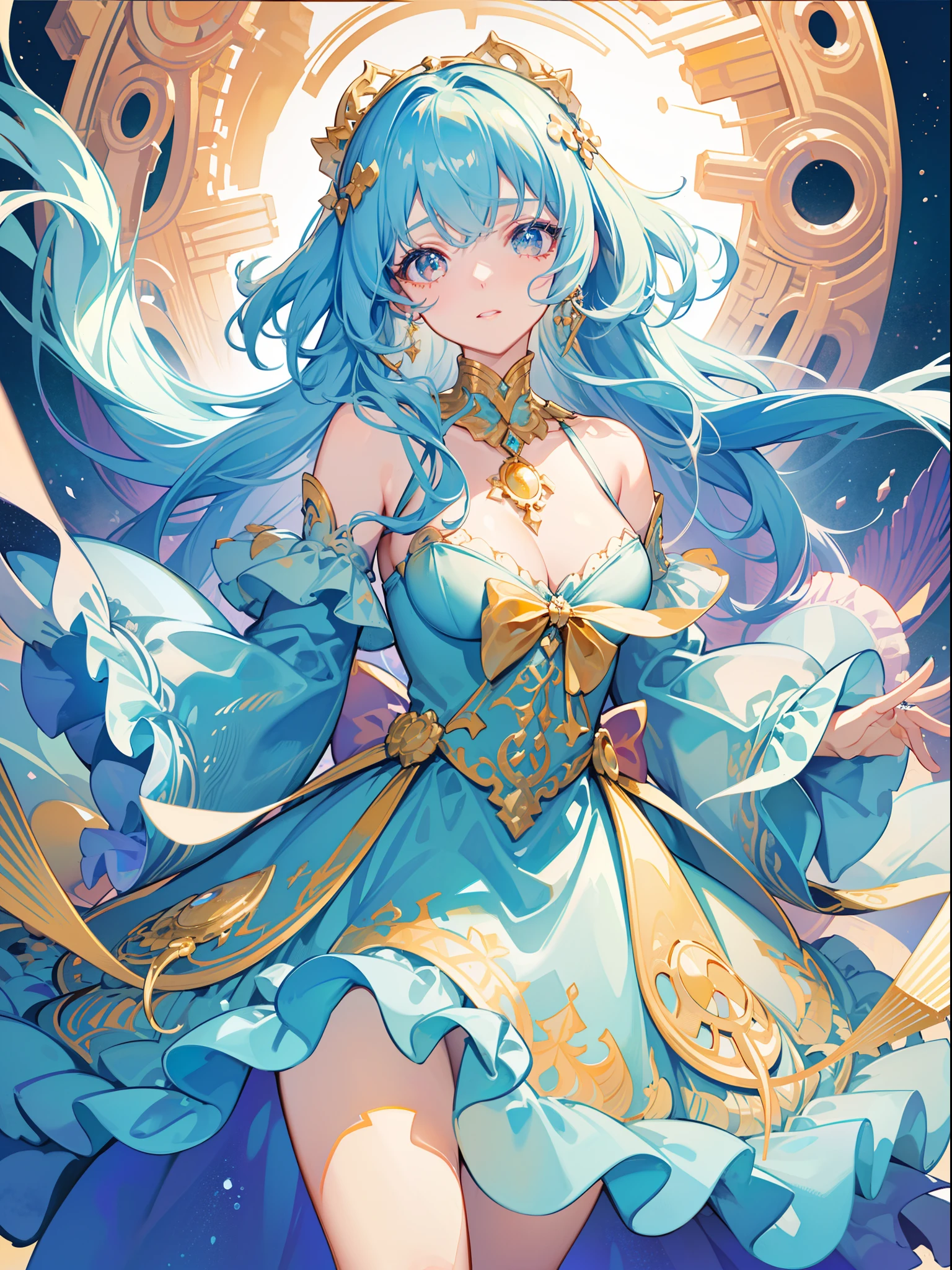 masterpiece, best quality, 8k resolution, sharp focus, intricate detail, beautiful girl, sparkling eyes, golden ratio face, otherworldly liquid, watercolor, pastel colors, bright colors, whimsical, colorful, sharp focus, high resolution, fine detail, ((layered tiered puffy long sleeves ballgown)), ((round eyes)), iridescent bubbles, fantasia background