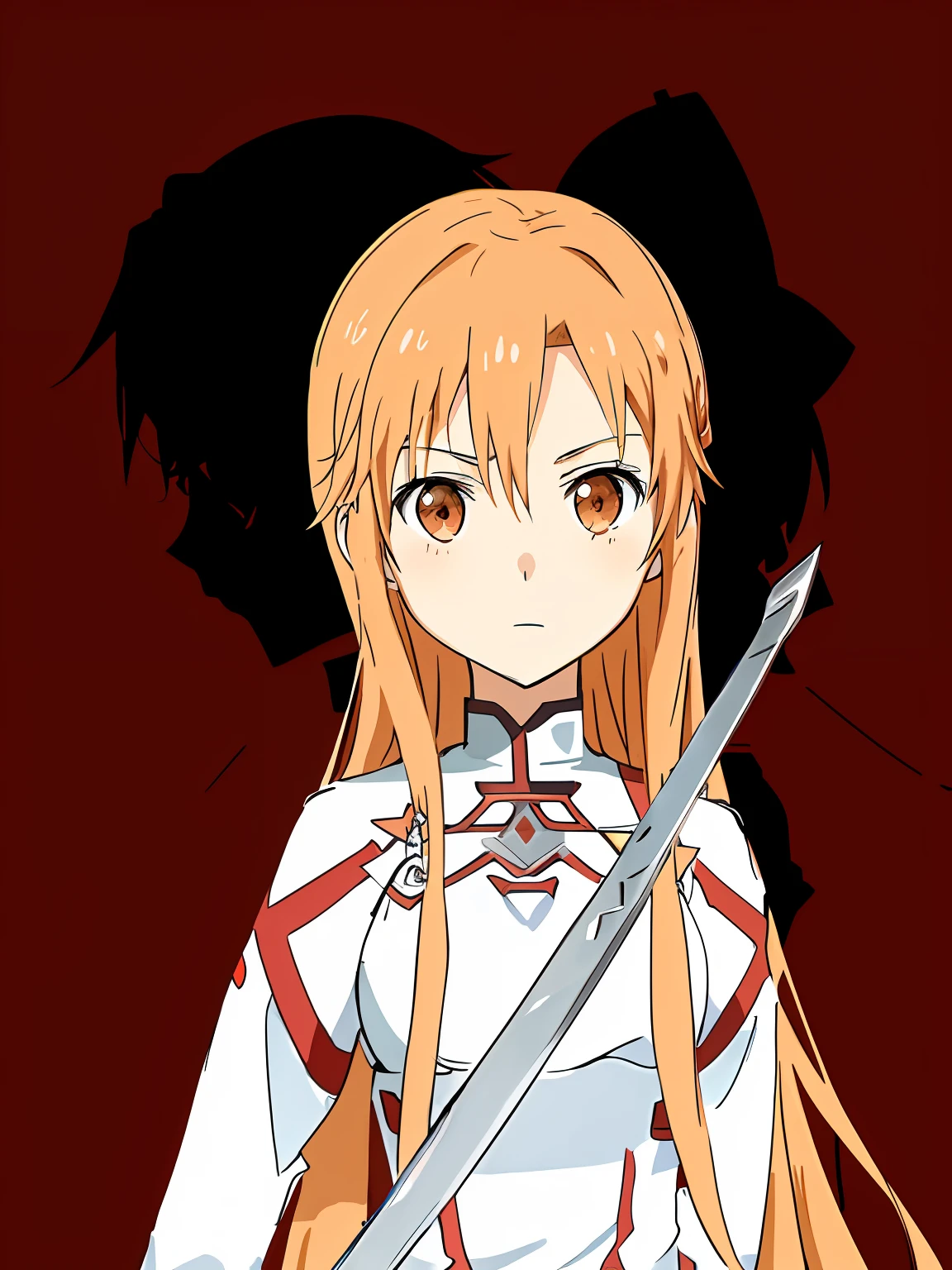 Anime girl with sword and armor in front of red background, asuna from sao, asuna yuuki, sao style anime, she is holding a sword