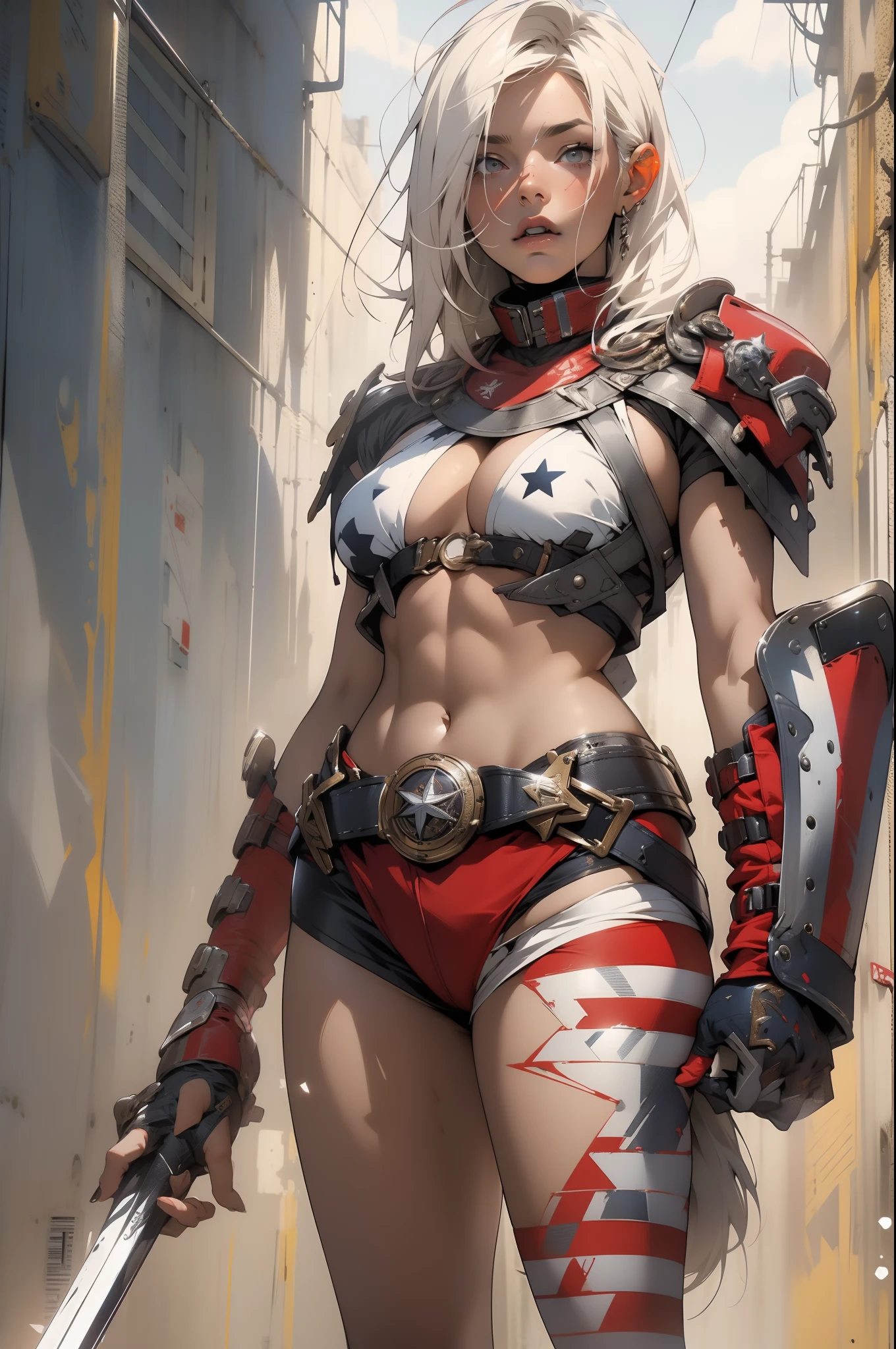 (((woman))), (((best qualityer))), (((tmasterpiece))), (((AS-Adult))), A 35-year-old female warrior with a perfect body, Brooklyn Gladiators, (( under boobs )), Simon Beasley, almost naked(Simon Bisley)Urban barbaric style for《heavy metal》MagazineCover, blond hairbl, Minimum clothing, armure (Dark blue with white stars,red with white stripes), Ink-stained tips and rivets, 5-pointed star tattoo, (((full bodyesbian))), with short black hair,White bangs cover the forehead
