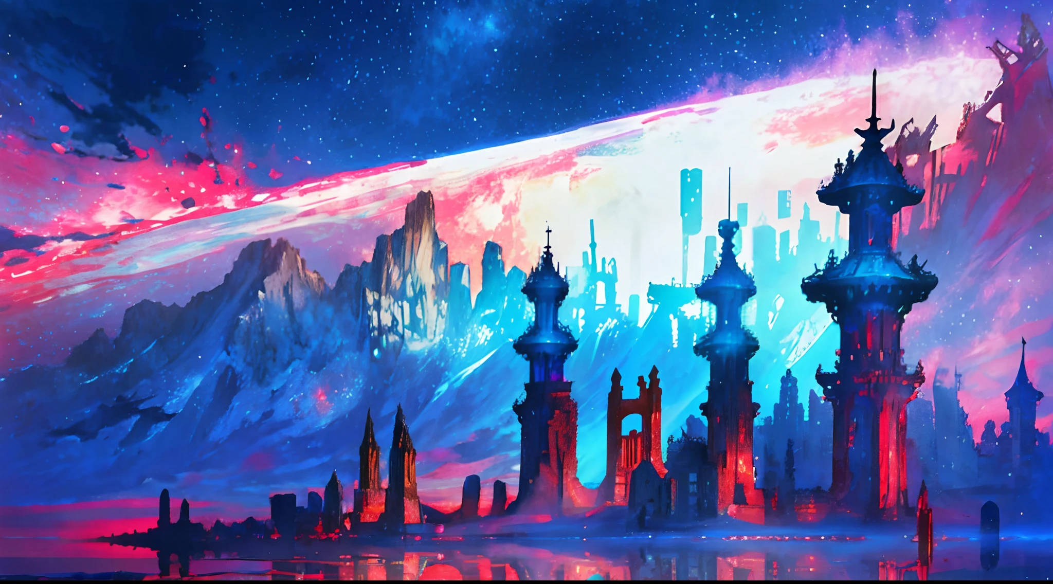 towers of god, blue towers, violet, blue, red, god, red sky, violet sky, starry sky, stars, starry towers, starry god, light blue, civilization, order