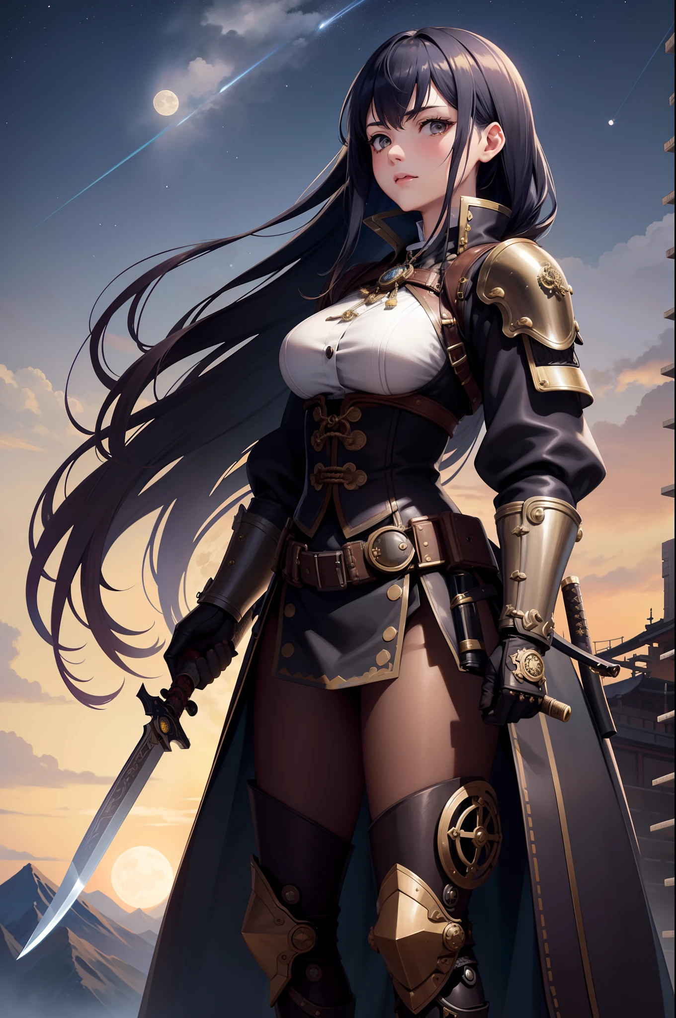 20 year old woman in steampunk style、Japan Samurai Costume、battle costume、low angles、Knives、Mountain cities、High and deep sky、starrysky、Detailed depiction、meticulous expression、Smooth depiction、Black coat、Countless gear and watch decorations、Ideal style、Dynamic depiction、View and Full Body View、a moon、cleanness、