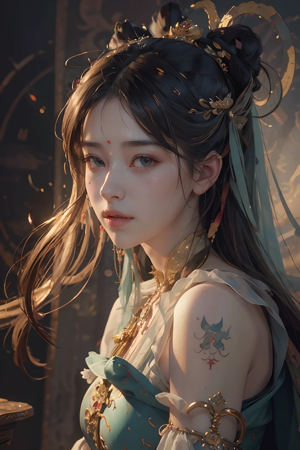 (RAW photo, best quality), (realistic, photo-realistic:1.3),best quality,highly detailed,masterpiece,ultra-detailed,illustration,1girl,upper_body,dynamic angle,world masterpiece theater,messy_long_hair,best quality,extremely detailed CG unity 8k wallpaper,ink,Amazing,cinematic lighting,lens_flare,,dunhuang_style