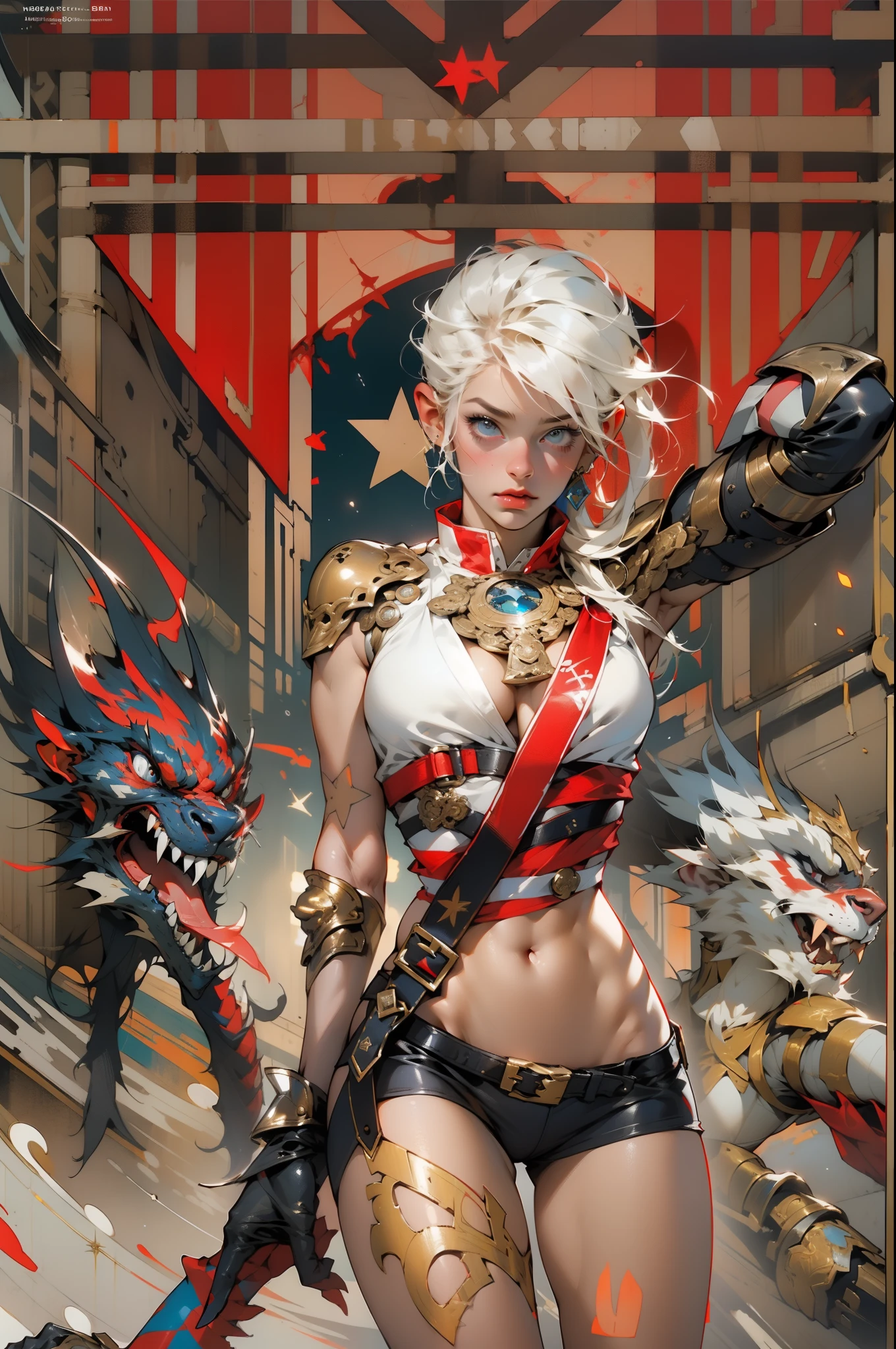 (((woman))), (((best qualityer))), (((tmasterpiece))), (((AS-Adult))), A 35-year-old female warrior with a perfect body, Brooklyn Gladiators, (( under boobs )), Simon Beasley, almost naked(Simon Bisley)Urban barbaric style for《heavy metal》MagazineCover, blond hairbl, Minimum clothing, armure (Dark blue with white stars,red with white stripes), Ink-stained tips and rivets, 5-pointed star tattoo, (((full bodyesbian))), with short black hair,White bangs cover the forehead