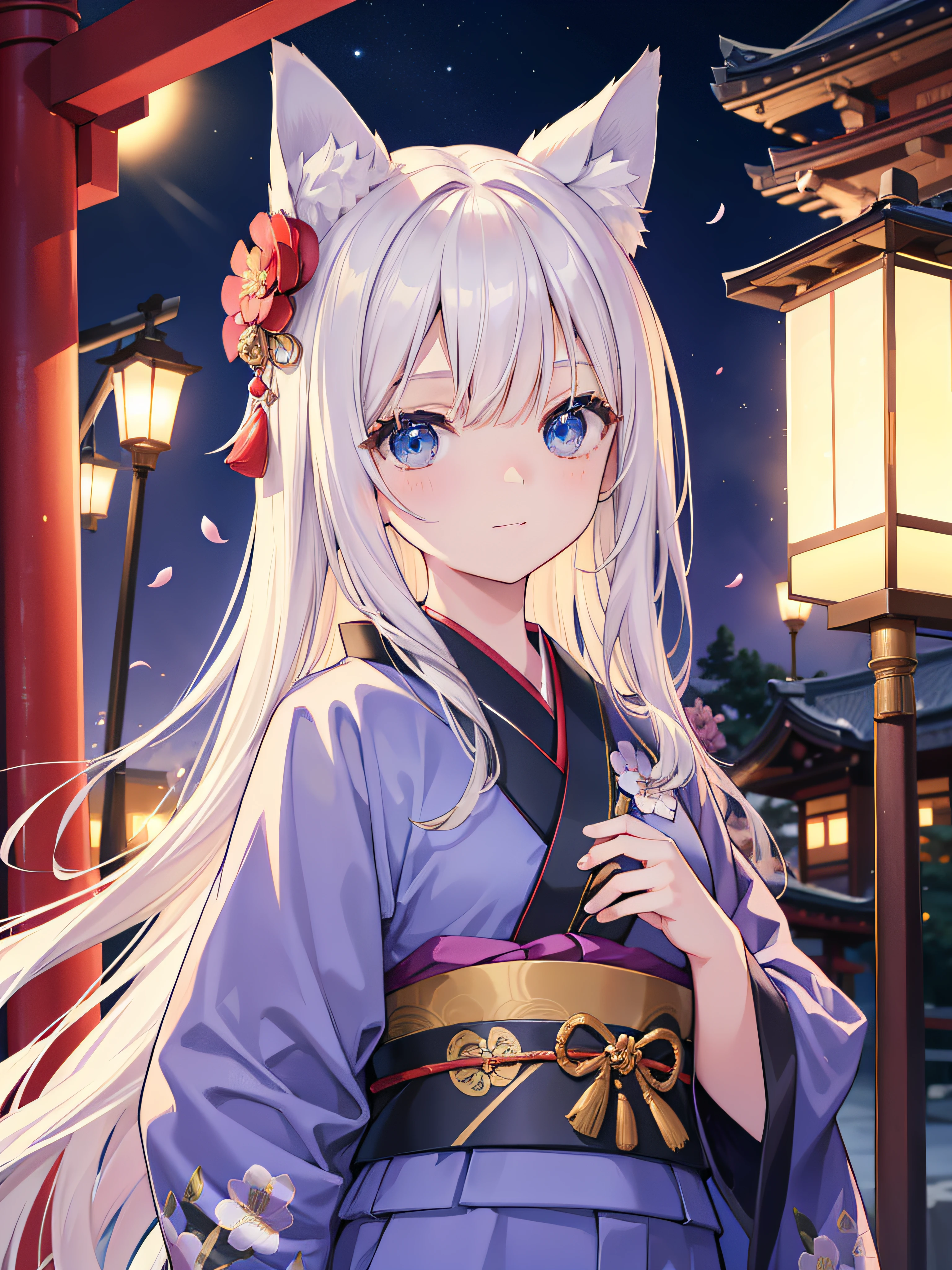 (absurdres, highres, ultra detailed), close-up of face, emphasis on face, focus on face, one woman, mature woman, aged, long straight hair, shiny beautiful hair, blue eyes, bangs, long sleeves, finely drawn eyes and detailed face, eye highlights, hands without breaks, rich Lighting, Highly detailed CG unified 8K wallpaper, Intricate details, Portrait, Gazing, Solo, Half shot, Fine drawn face, Soft smile, Dynamic pose, Classical period, (Ancient Japanese themed: 1.1), Japanese mythology, Fox ears, Japanese, ruler, Blue kimono Japanese, floral kimono, ancient theme, (Prosperous Civilization: 1.1), moon in background, (Immaculate: 1.1) shrine, torii gate, Japanese landscape, ancient city in background, fox mask, fantastic, dreamy, romantic, dancing lights, lantern, austere, night, darkness, stars, portrait, cinematic lighting, flower hair ornament, dating, Cherry blossoms