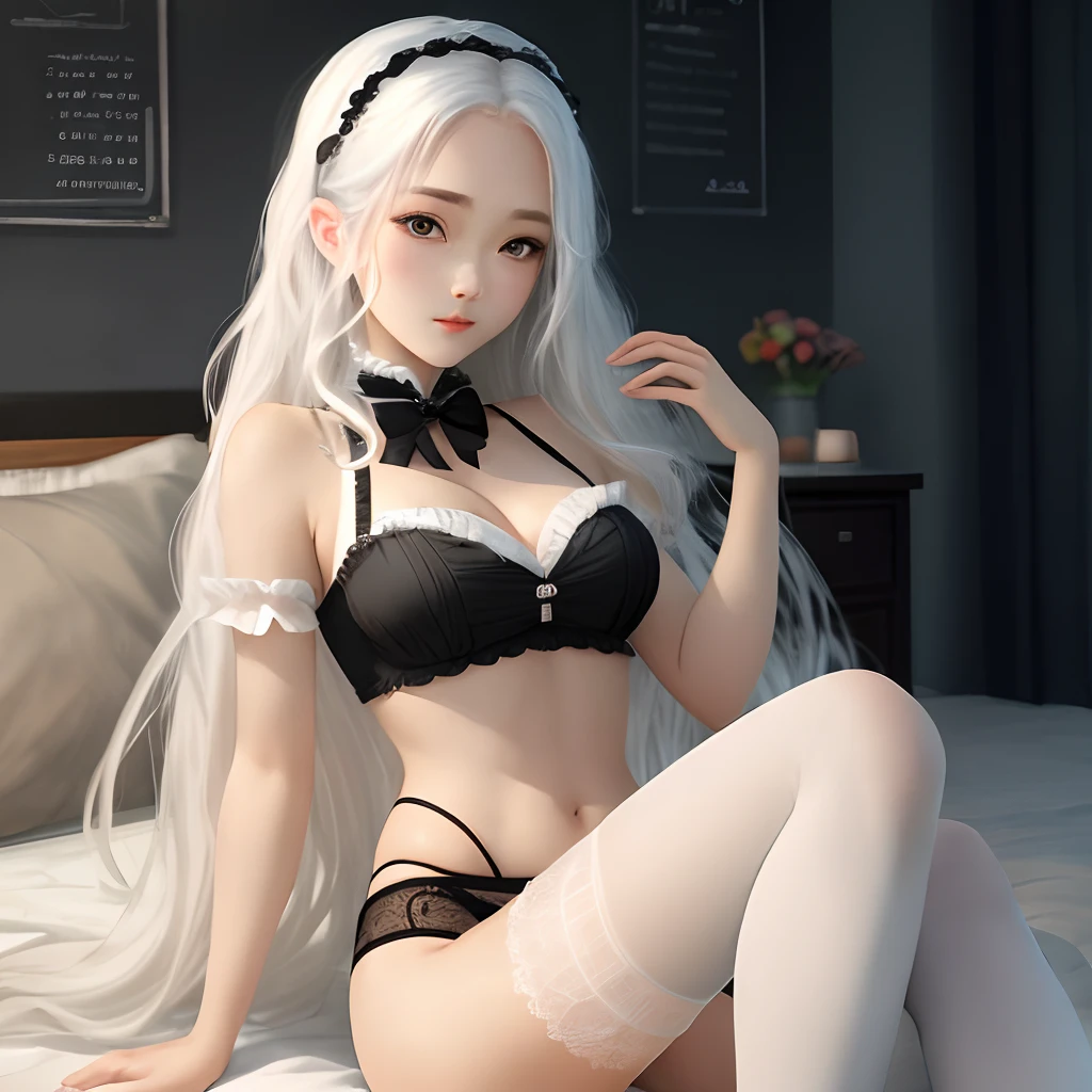 Cute girl,quadratic element,brassier,Briefs,blackstockings,long whitr hair,white color hair,seductiv