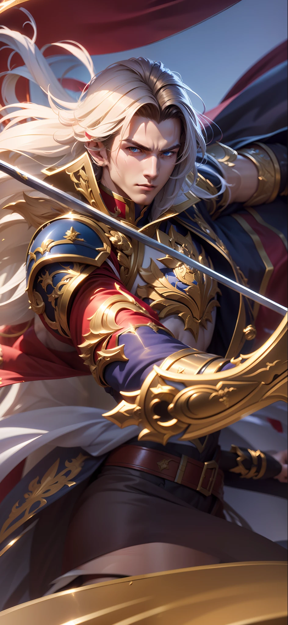 ((8K Resolution)), ((Character Mobile Legend)), 1boy, 25y.o, LANCELOT, Royal Matador, long hair, waite hair, Blue and red Armor, sword on a arm, Realistic, Ultra detail, animation to Realistic