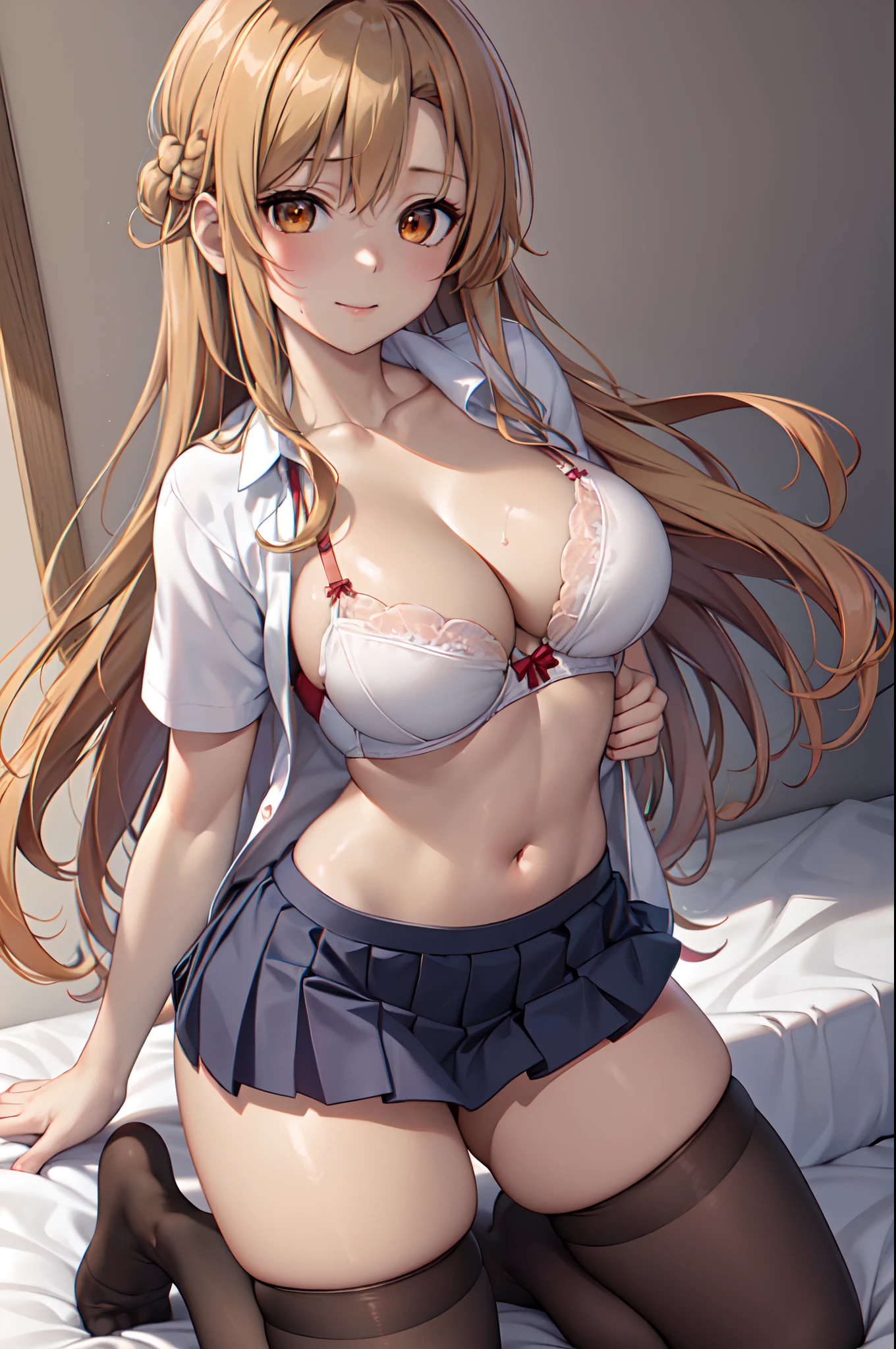 Official art、(Highly detailed CG Unity 8K:1.3)、Perfect litthing、colourfull、Bright Front face Illuminating、(Skindentation),
(Master Pieces:1.5), (best_quality:1.3), Super Hi-Vision, super detailing,upper view, Sweat,Seductive smile,(Kneeling:1.3),
Photo Shot,hight resolution,(absurderes:1.2)、Kodak Portra 400、film grains、Background blur、bokeh dof: 1.2、(lensflare:1.2)、(vivd colour:1.2),
(cowboys_shot:1.4),during daytime、Sunsight,Face up,(Asuna),(Asuna Yuki),(White underwear),(Bra with red ribbon:1.3)
((Orange Eyes))、Parted bangs beautiful breasts、perspiring、length hair、(Orange hair:1.5),(dark brown hair:1.2),hugetits、(Solo:1.5),on the beds,(neat figure:1.5)
(a 1 girl:1.5)、18year old、High school students、Beautiful Finger、beautiful long leg、Beautiful body、Beautiful nose、Beautiful character design、Perfect eyes、face perfect、a navel、Beautiful hair,Sweat,Animated,cleavage,bikini of, Bra, Panties, (Wet clothes,Bare legs,Exquisite cloth,beautifully detailed eyes,), (Portrait),(School uniform, Blazer, Cardigan, Jacket, Short sleeves, Dark blue pleated skirt, White shirt:1.5),
(lovly、Large breasts:1.5)、(Beautiful face:1.5)、(narrowwaist)、delicate patterns、intricate detailes、an anime girl、A seductive anime girl、beautiful alluring anime woman、Beautiful charming anime 、Smooth Anime CG Art、Beautiful anime girl、charming anime girls、The best girls in anime、beautiful anime woman、oppai、Ecchi anime style、lascivious,Exquisite cloth,white brassiere、Highly detailed bra、Ren Hao、Lace-trimmed legwear、delicate patterns、intricate detailes、red blush、shinny skin、oestrus,(Black stockings:1.3),(Style image of woman in white underwear:1.5)、A seductive anime girl、Small curved lolioth Anime CG Art、beautiful alluring anime teen、phoalistic anime girl render、beautiful alluring anime woman、animesque,Soft lighting、Beautiful anime girl、charming anime girls、Perfect body with realistic shading、