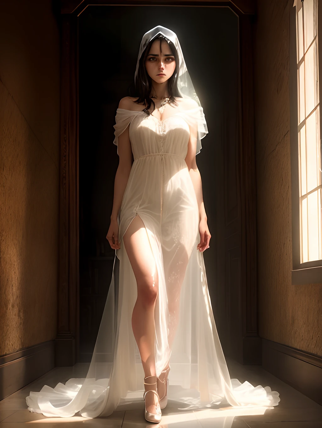 An ethereal and mysterious figure shrouded in shadows, with dark hair that seems to dance like memories of the past. Her eyes shine with a mixture of sadness and determination, and she holds a mirror that reflects the darkest and most painful memories