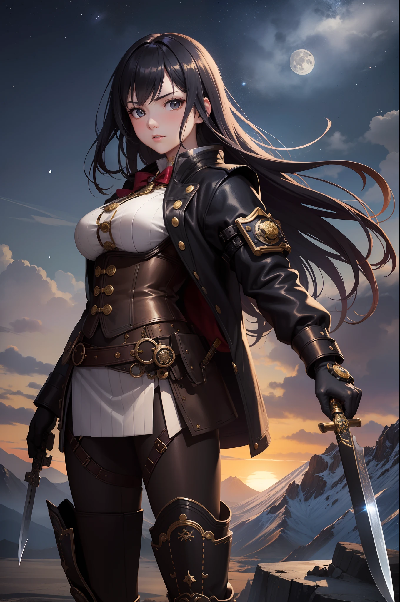 20 year old woman in steampunk style、Japan Samurai Costume、battle costume、low angles、Knives、Mountain cities、High and deep sky、starrysky、Detailed depiction、meticulous expression、Smooth depiction、Black coat、Countless gear and watch decorations、Ideal style、Dynamic depiction、View and Full Body View、a moon、cleanness、