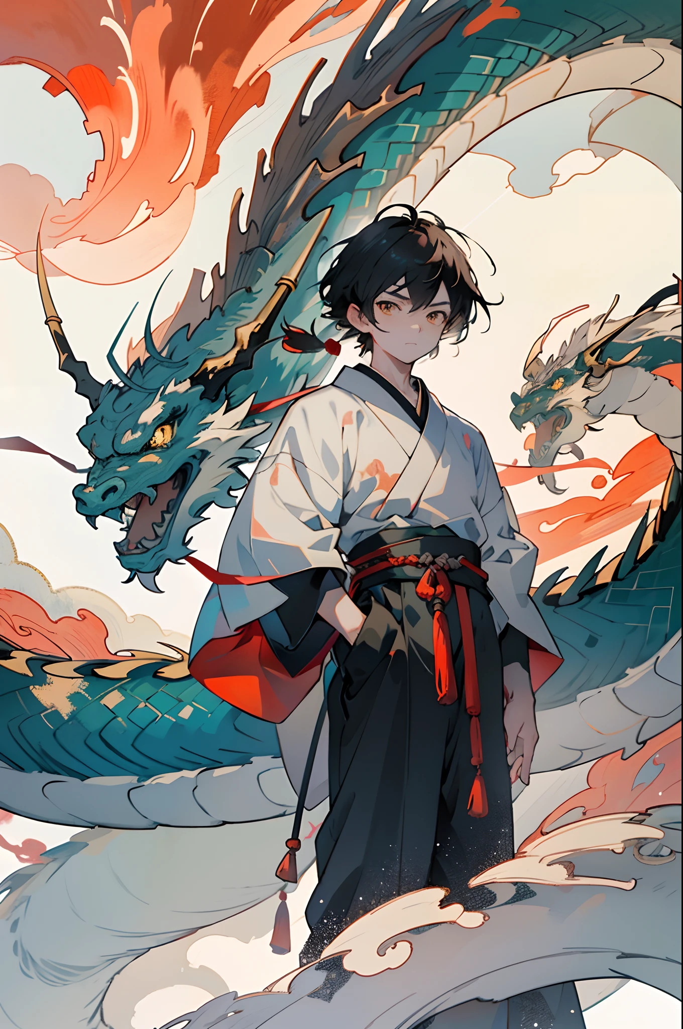 Create images in the style of traditional Japanese painting. The scene depicts a dramatic dragon, a complete dragon flying in the sky. The dragon is bruised and wears a mecha mechanical dragon that glitters in the sun. The clouds are layered, and the clouds and wind surround the dragon. The dragon's expression is fierce and calm, conveying strength and wisdom. The image should have high resolution and high quality, the dragon is clearly focused, and the clouds and background are blurred dreamy. The angle of the camera should be slightly lower than the faucet, giving a sense of its grandeur and size, and the light should be soft and diffuse, creating a mysterious and dreamy atmosphere.