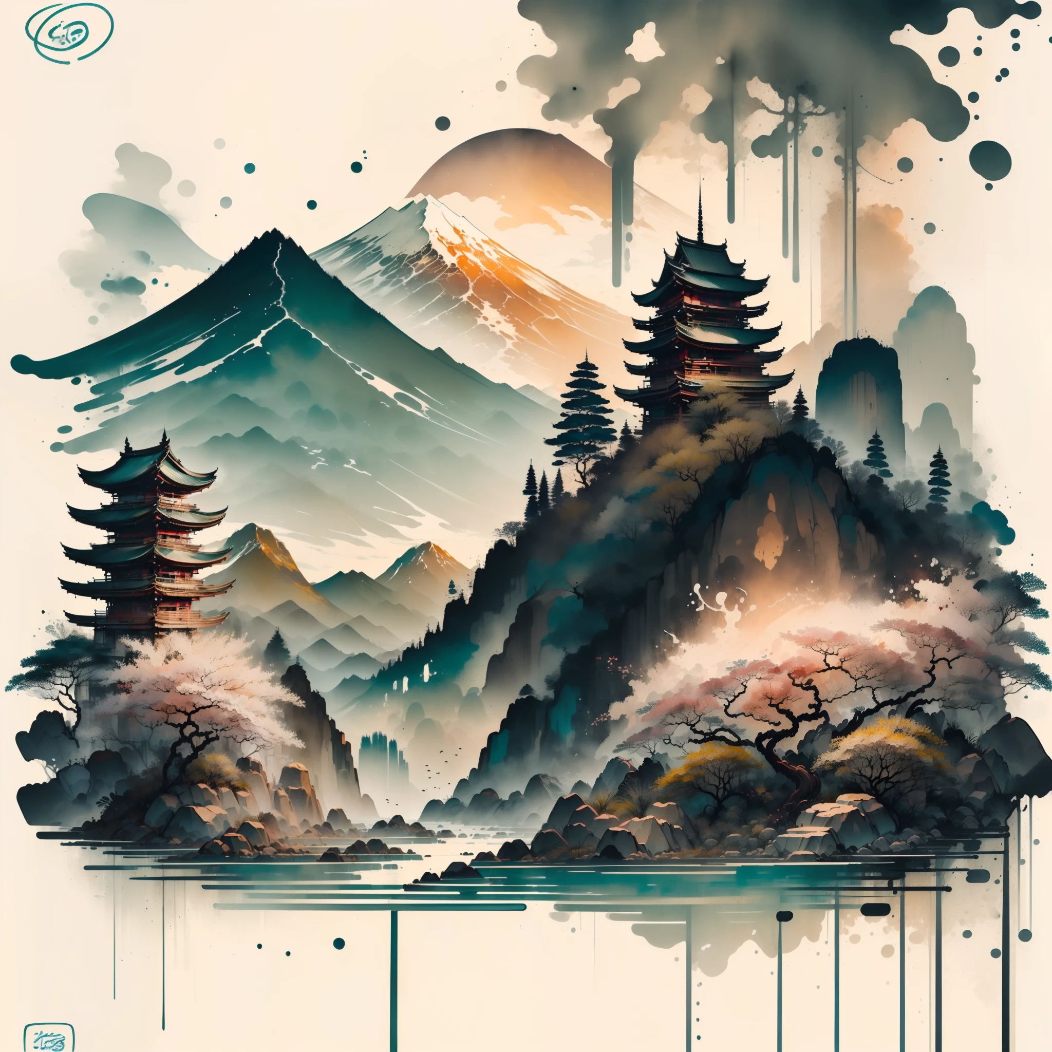 (Alavid view of the mountain with waterfalls and bridges, Landscape painting, High mountains and flowing water, A winding path leading to seclusion, Pavilions and towers,Cloud,Starry sky,Reflection,highly detailed landscape,Lens 135mm,F1.8, Aerial view,wide angles,largeaperture,Large depth of field,Thousands of miles of rivers and mountains,Calligraphy signature,Character stamp:1.45),Chinese painting style, Chinese style painting, Traditional Chinese painting, zhang daqian, Traditional Chinese Ink Painting, Chinese ink painting, Chinese painting, author:Xu Xi, Traditional Chinese art, author:Dong Qichang, inspired by Zhang Shunzi, Chinese landscape, author:Lee Young-jin