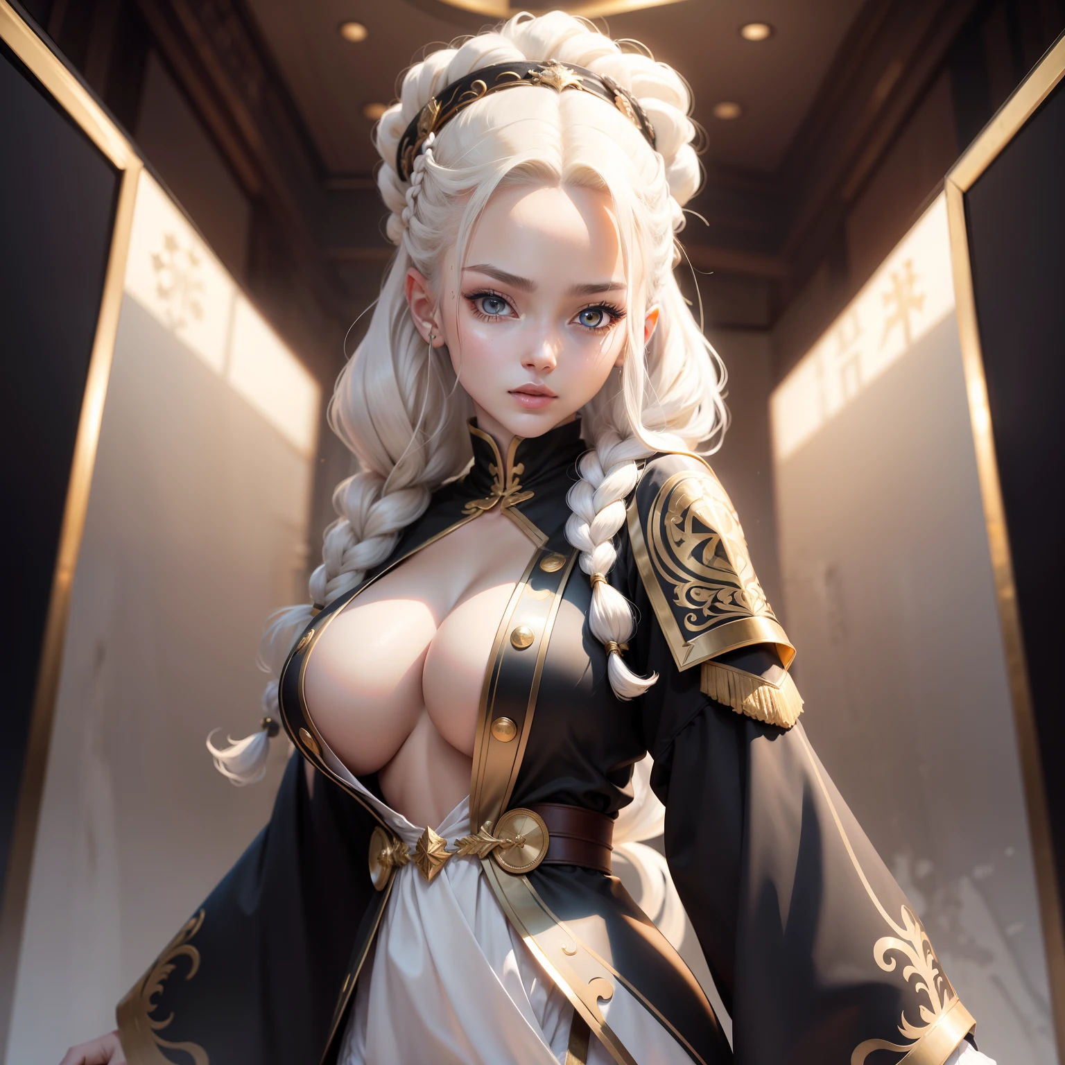 Need,tmasterpiece,whaite hair,Golden eyes,Manteau blanc,Look up,The upper part of the body,Hairline,Fair skin,SideBraid，huge tit，Raised sexy。