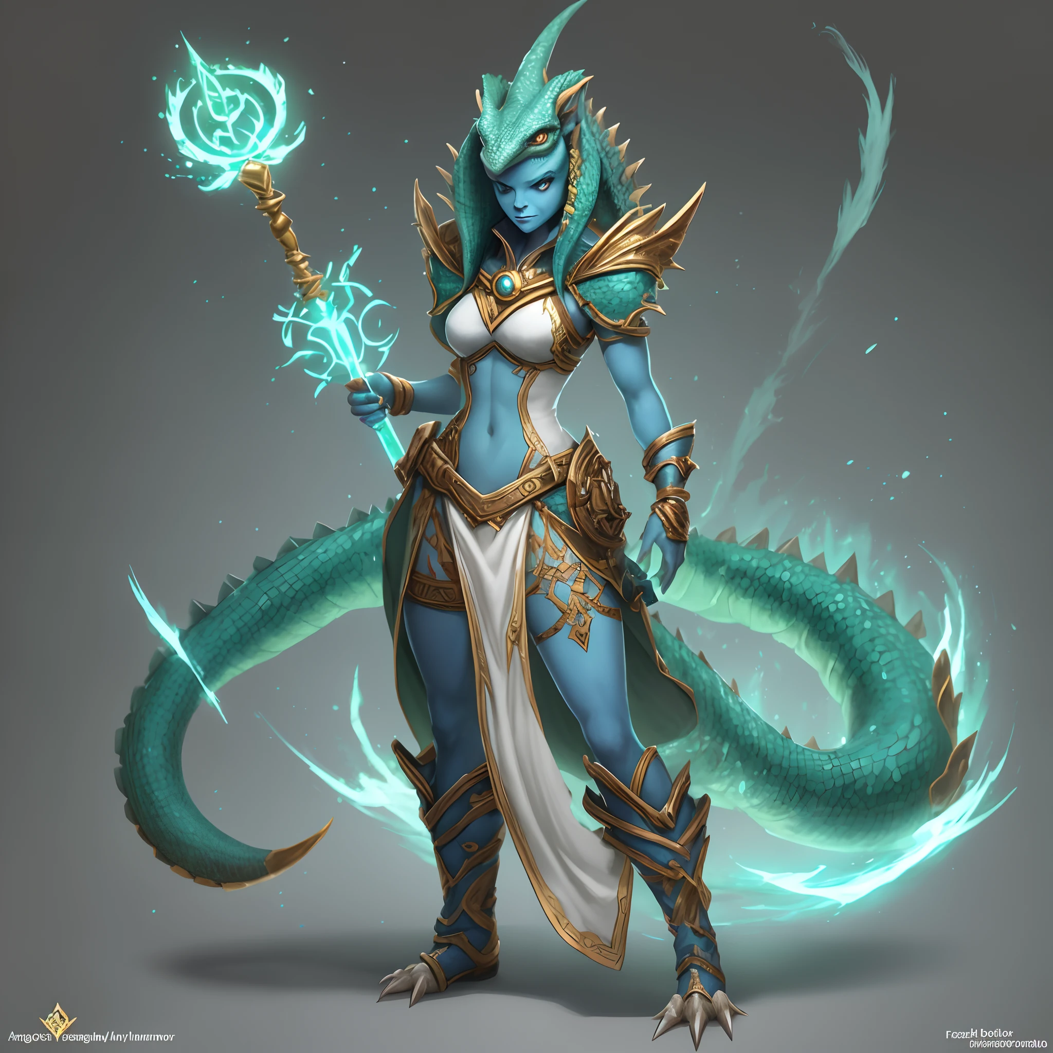 Creation rpg character (rpg concept) lizard, lizard lizard woman Repitile blue skin with white details has tail and a magic staff of blue magic, full body, Textura, league of legends ler fesstimentas of ancient magician, npc creation --auto --s2