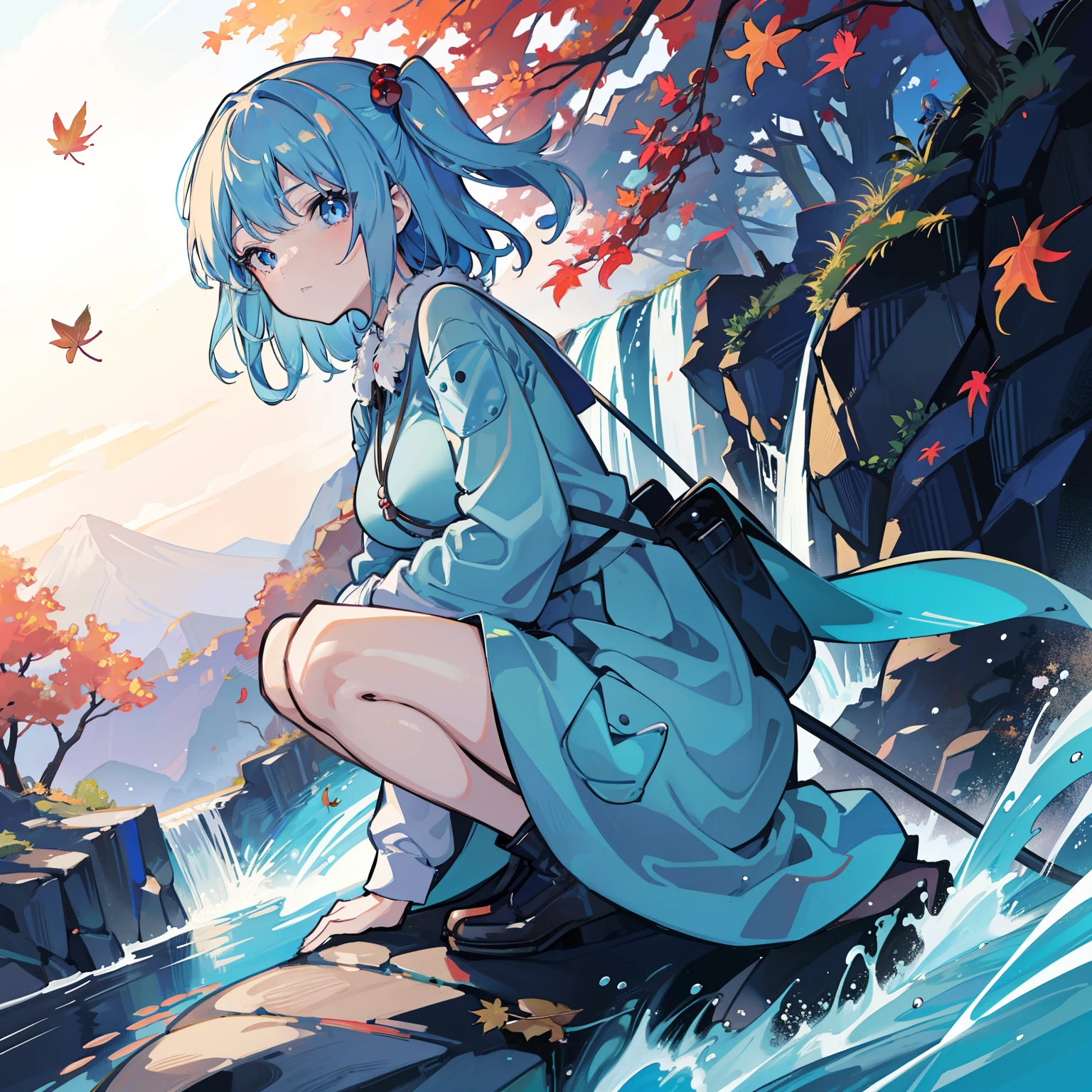 masutepiece, Fine detail, 4K, 8K, 12K, Solo, 1 person, Beautiful Girl, caucasian female, low angles, Kawaki Momolee, Light blue hair, Blue eyes, Light blue clothes, Waterfall, Autumn, Autumn leaves