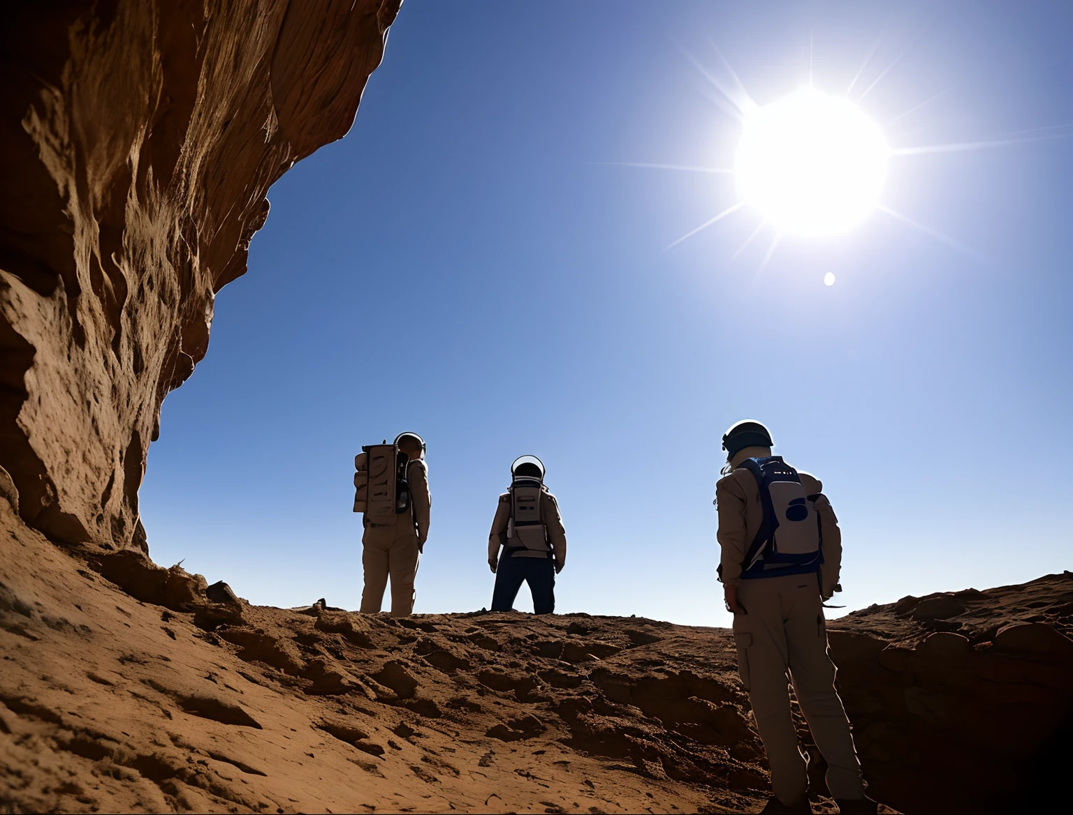 the surface of the planet, jupiter on the horizon, two astronauts look into the sky