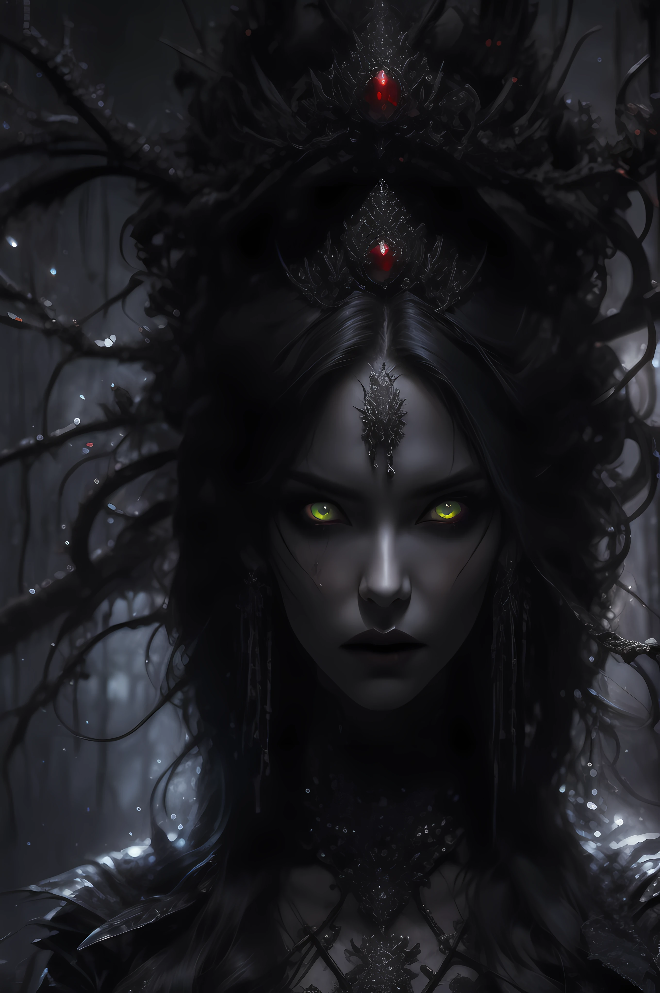 (sharp focus:1.1) photo of a vampire queen, blood droplets, blood soaked hair, ruby tiara, lace dress, alluring, yellow eyes, dark shadows, intensity, insanity, 8k, high quality, intricate details, close up, glowing eyes,