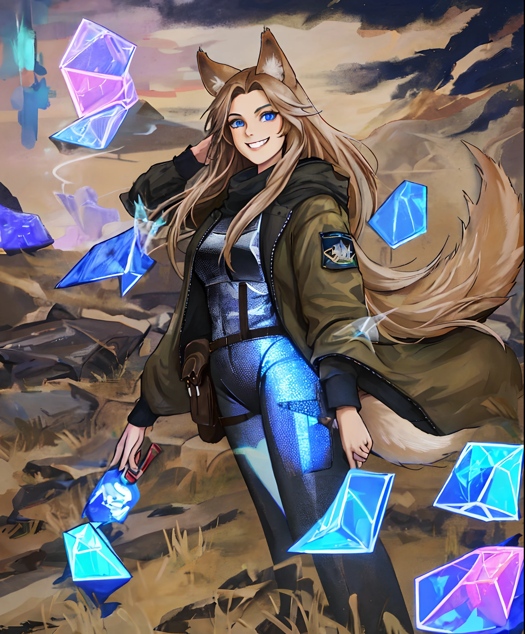 absurderes, Best quality, Masterpiece, Novel illustration, (Realistic:0.5), mediating, Highly detailed, (Detailed description),
1girll, coyote_hor ears, coyote_Girl, coyote_Tail, ((holograph)), Long hair that has been feminine for a long time, Solo, Coffee hair color, Smile, pouch, grin, Deep blue eyes,Gaze towards the viewer,A heroic gesture,beast ear,Animal teeth,Big brown tail,White tail
(spice and wolf)