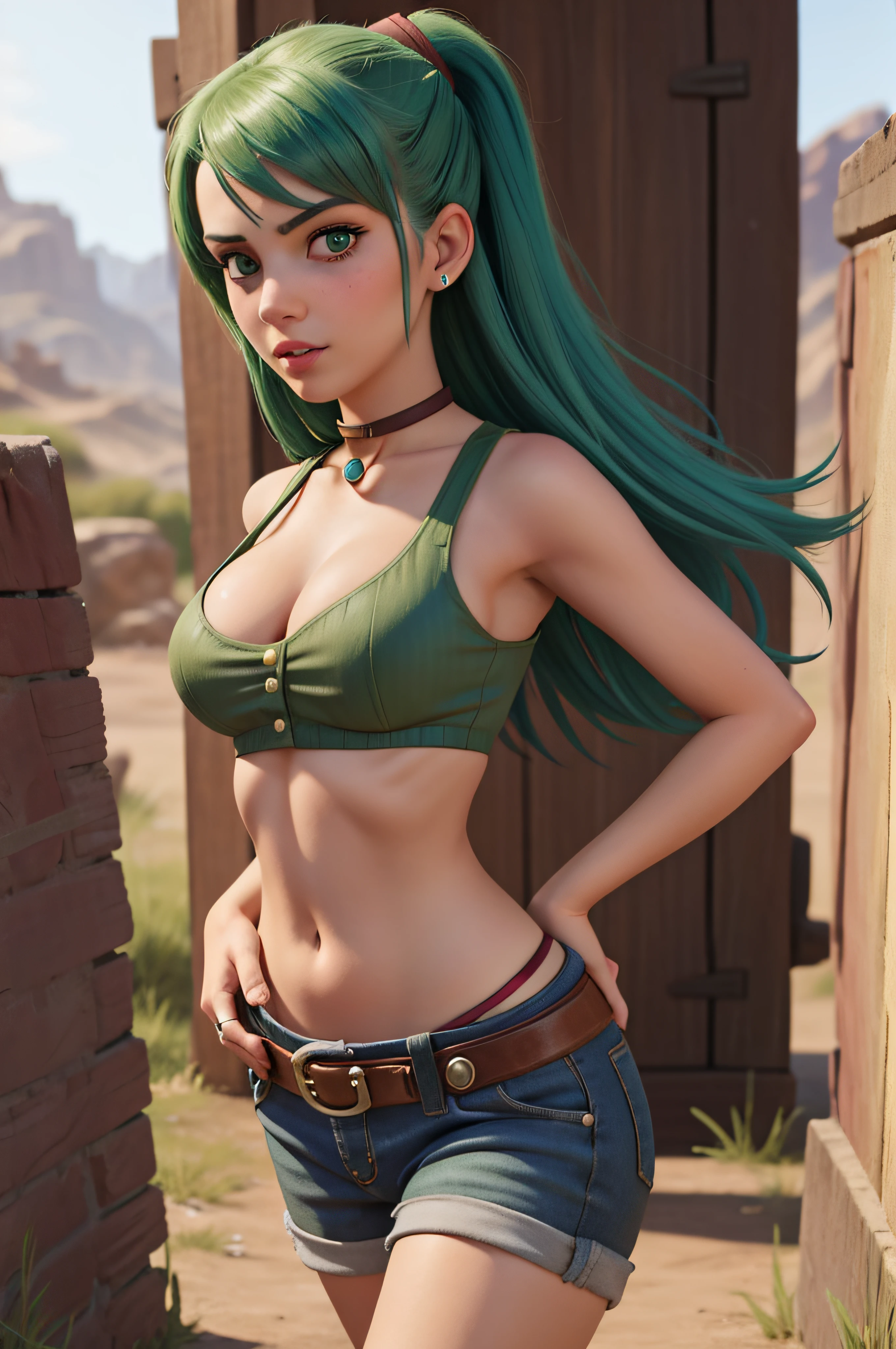 1 girl, 18 years old, green hair, red dead redemption outfit, wild west, navel piercing