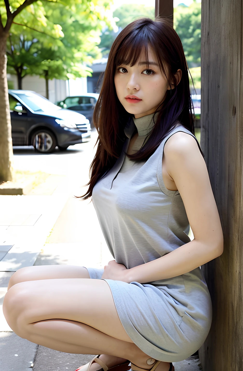 ((8K)、top-quality、masterpiece、超A high resolution:1.2)Photo Beautiful Japan woman(pleasing:1.1) Elegance、There is a good、Transparent atmosphere、Beautiful face、Gradient lighting、1girl in、Delicate skin、Look into the distance、Brown-eyed、(short hair with bangs:1.2)、(breasts are large:1.0)、(medium areola:0.8)、(realisitic:1.4)、(top-quality:1.0)、(超A high resolution:1.0)、8K、Raw photography、(masterpiece:0.2)、(pureerosface_v1:0.5)、Contrast Trim Polo Neck Bodycon Dress、Onepiece、Polo shirt style dresses、Super Mini Length、the skirt is short、Futomo、cotton clothes、Mini dress、Collared dress、no sleeves、Sleeveless、Tight、barechested、cotton clothes、no sleeves、Sleeveless、want me、Take your eyes off、Harajuku、Omotesando、Stylish cityscape、Street Trees、subject、Lean、Look here、Ass big、a large bust、Kinda chubby、Bangs shed to the side、big butts、neat and well-groomed hairstyle、Bring your chest together、Feels、Mouth slightly open、Brown clothes、Angle from the side、a necklace、crouching down、Squat down and look here、Ass big、Futomo、Squatting on the ground、sit in、Opening legs、Open Ashi、pantiy、Open both legs、s ass、deep in the night、natta、total darkness、Streetlight、look down from above、12 p.m、No person、murky、