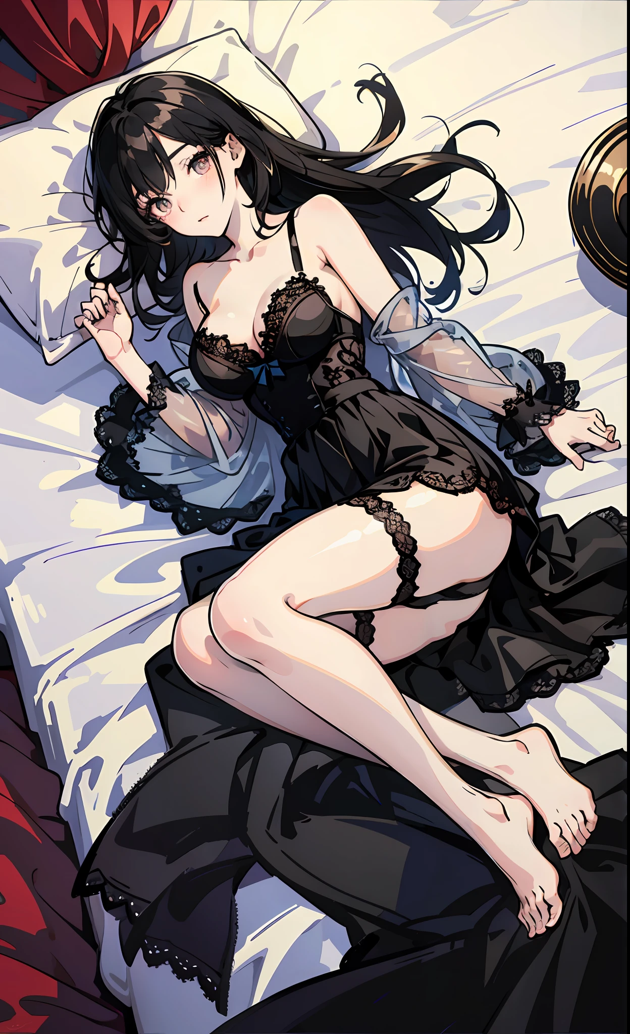 Lying on the bed Lace lingerie Translucent one-shoulder skirt Lace panties Bare legs Long thick black hair Eyes confused