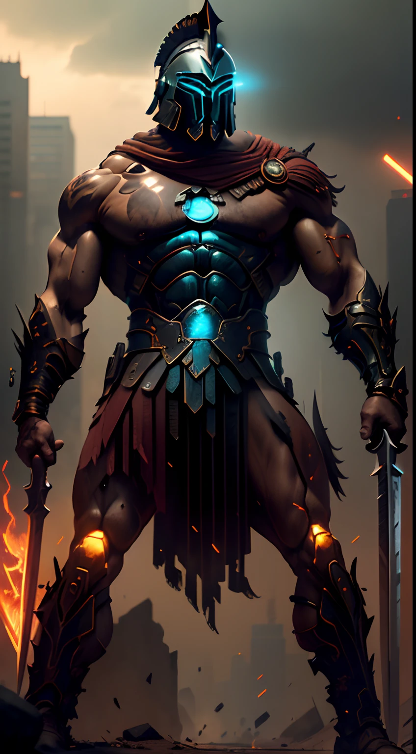 (Ultra resolution 8K), impresionante obra maestra,Cyberpunk Spartan warrior as titan of the digital age. Dressed in biomechanical armor of dark and metallic tones. His cybernetic helmet frames a resolute face, in which cybernetic eyes glow with flashes of blue light. Luminescent circuit lines snake through your skin, And digital tattoos change pattern as they connect to the global network. Its robotic limbs glide with deadly precision, while its modified human body exhibits sculpted and streamlined musculature.The warrior wields a sword with a nanotechnology blade, whose advantage adapts to each enemy and situation, The Cyberpunk warrior Spartan embodies a unique fusion between ancestral strength and technological innovation. Su presencia inspira respeto y asombro, Reminding everyone that even in the age of machines, The indomitable essence of the warrior continues to burn in his heart of metal and flesh.(Quality lighting), Spectral illumination, agregar efecto al final