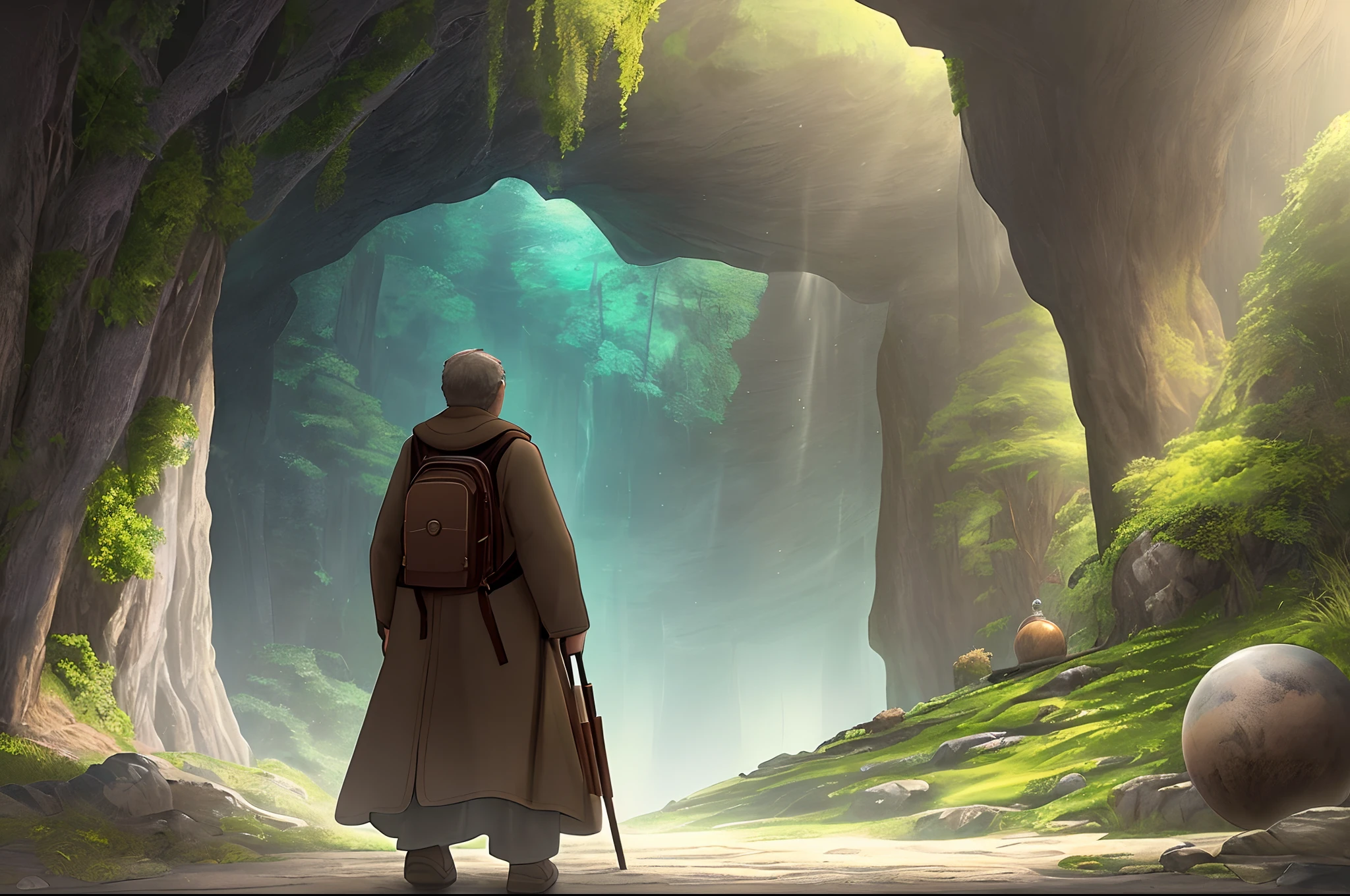 image of walk towards the entrance of the cave, mountain shade road background in detailed, old man with large backpack, super fine detail texture and skin, intricate pale brown robe, palm crystal ball in fantasy map, dark cyan and green and dark palette and brightly colored, pencils drawing, add crayons coloring, cinematic still, detailed painting, 16k, multilayered, uncharted atmosphere and effect, from behind with ground-level,