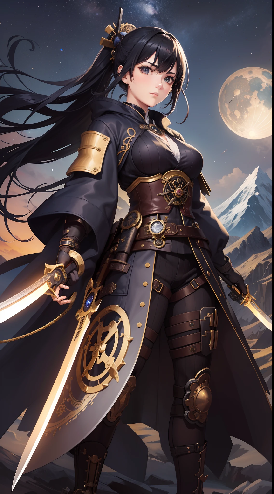 20 year old woman in steampunk style、Japan Samurai Costume、battle costume、low angles、Knives、Mountain cities、High and deep sky、starrysky、Detailed depiction、meticulous expression、Smooth depiction、Black coat、Countless gear and watch decorations、Ideal style、Dynamic depiction、View and Full Body View、a moon、cleanness、