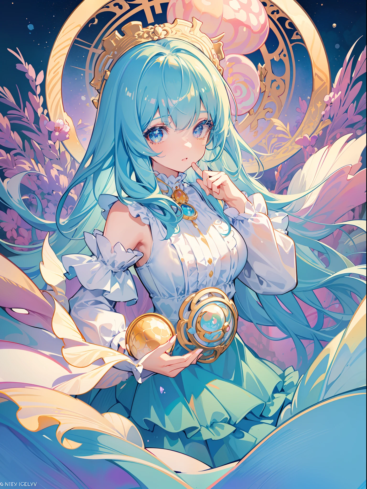 masterpiece, best quality, 8k resolution, sharp focus, intricate detail, beautiful girl, sparkling eyes, golden ratio face, otherworldly liquid, watercolor, pastel colors, bright colors, whimsical, colorful, sharp focus, high resolution, fine detail, ((layered tiered puffy long sleeves ballgown)), ((round eyes)), iridescent bubbles, fantasia background