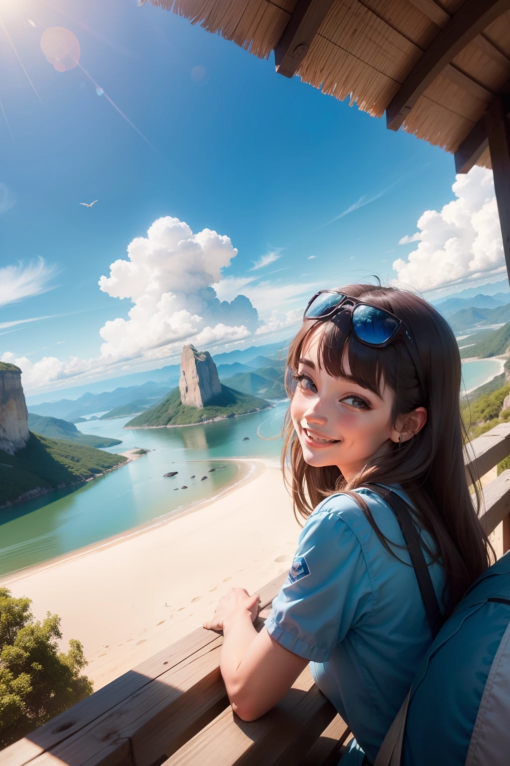 Uma pessoa com asas de borboleta voando sobre uma montanha com muitas borboletas ao redor dela. The sky is blue and clear and the sun is shining. The person is smiling and seems happy.