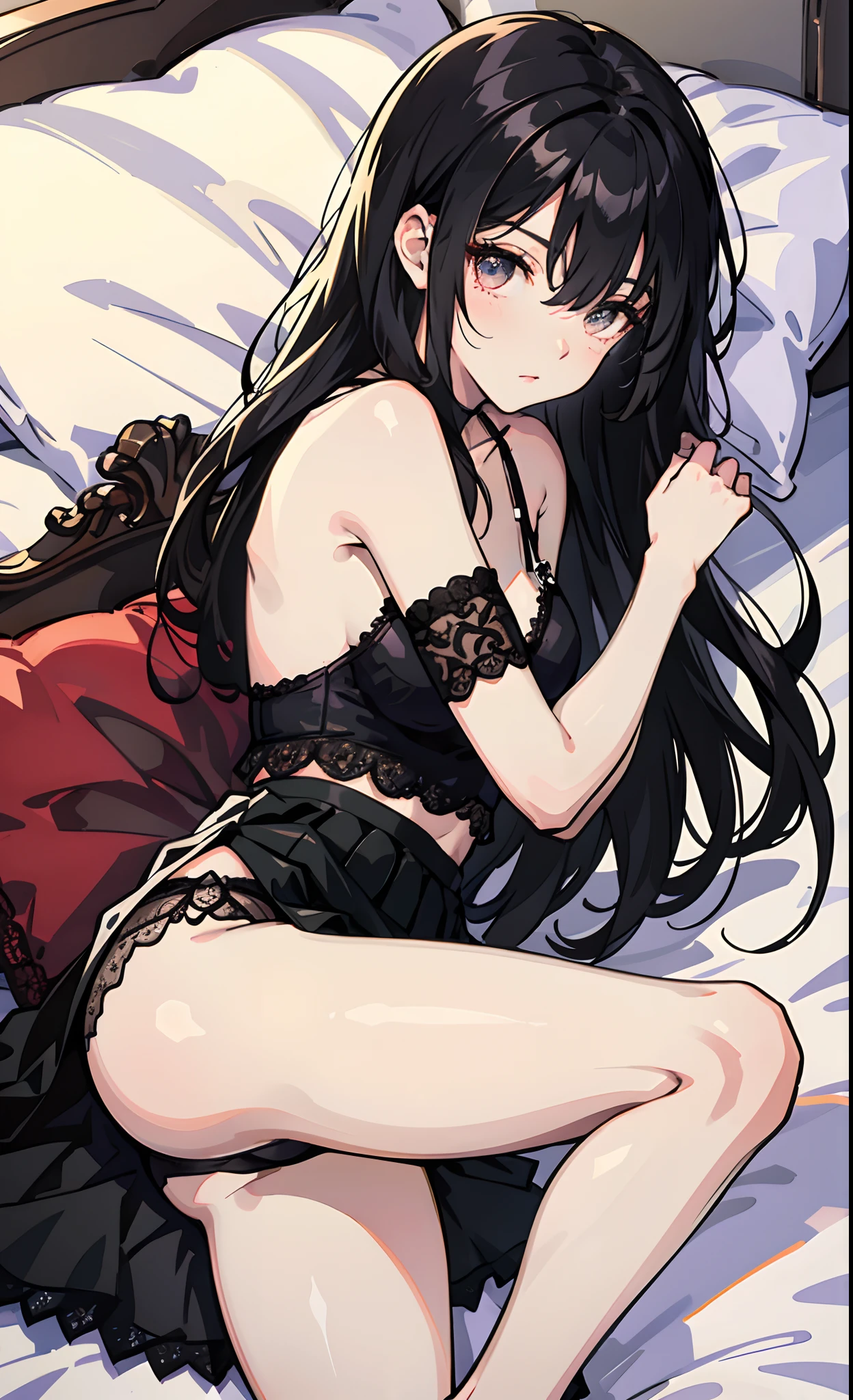 Lying on the bed Lace lingerie Translucent one-shoulder skirt Lace panties Bare legs Long thick black hair Eyes confused