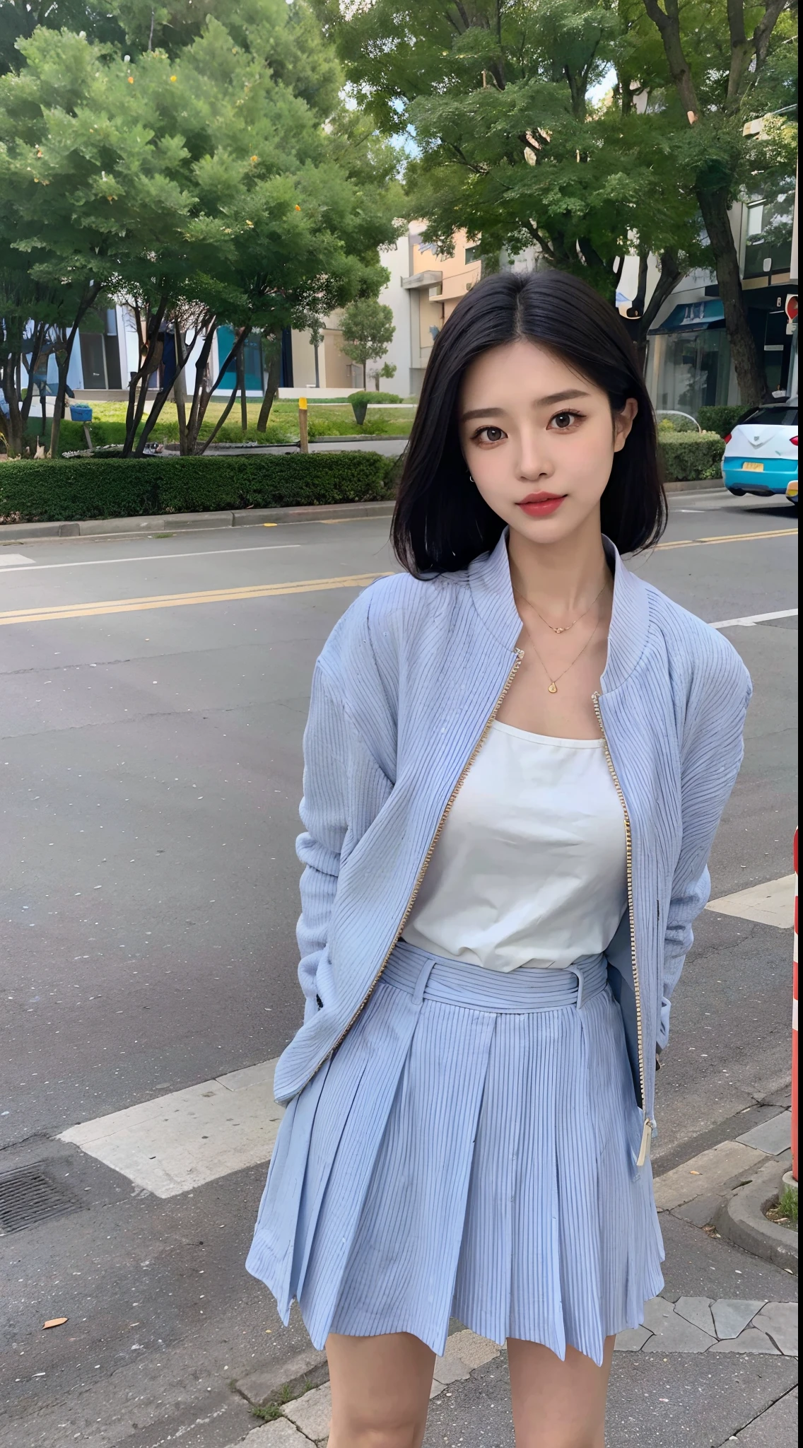 Arad woman in blue and white dress and jacket standing on a street corner, cropped shirt with jacket, loose coat collar sailor uniform, Magical school student uniform, wearing jacket and skirt, ulzzangs, japanese girl school uniform, reluvy5213, light blues, casual modern clothing, casual clothing style, Light blue, korean women's fashion model